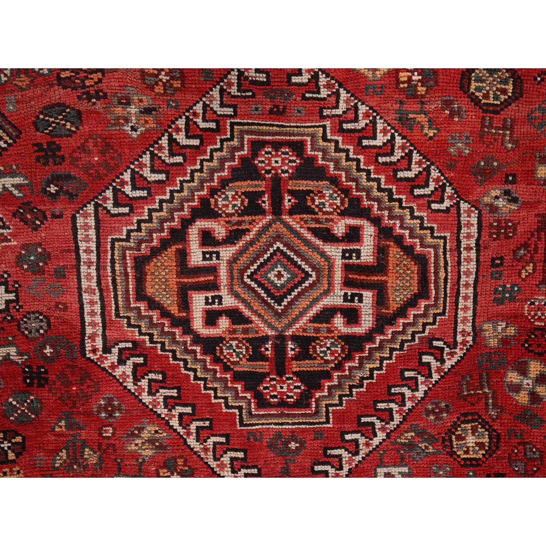 7'x9'10" Scarlet Red, Vintage Persian Shiraz with Geometric Medallion, Small Animal Figurines, Worn and Distressed, Shaved Low, Zero Pile, Sides and Ends Professionally Secured, Hand Knotted, 100% Wool, Oriental Rug Sh1014