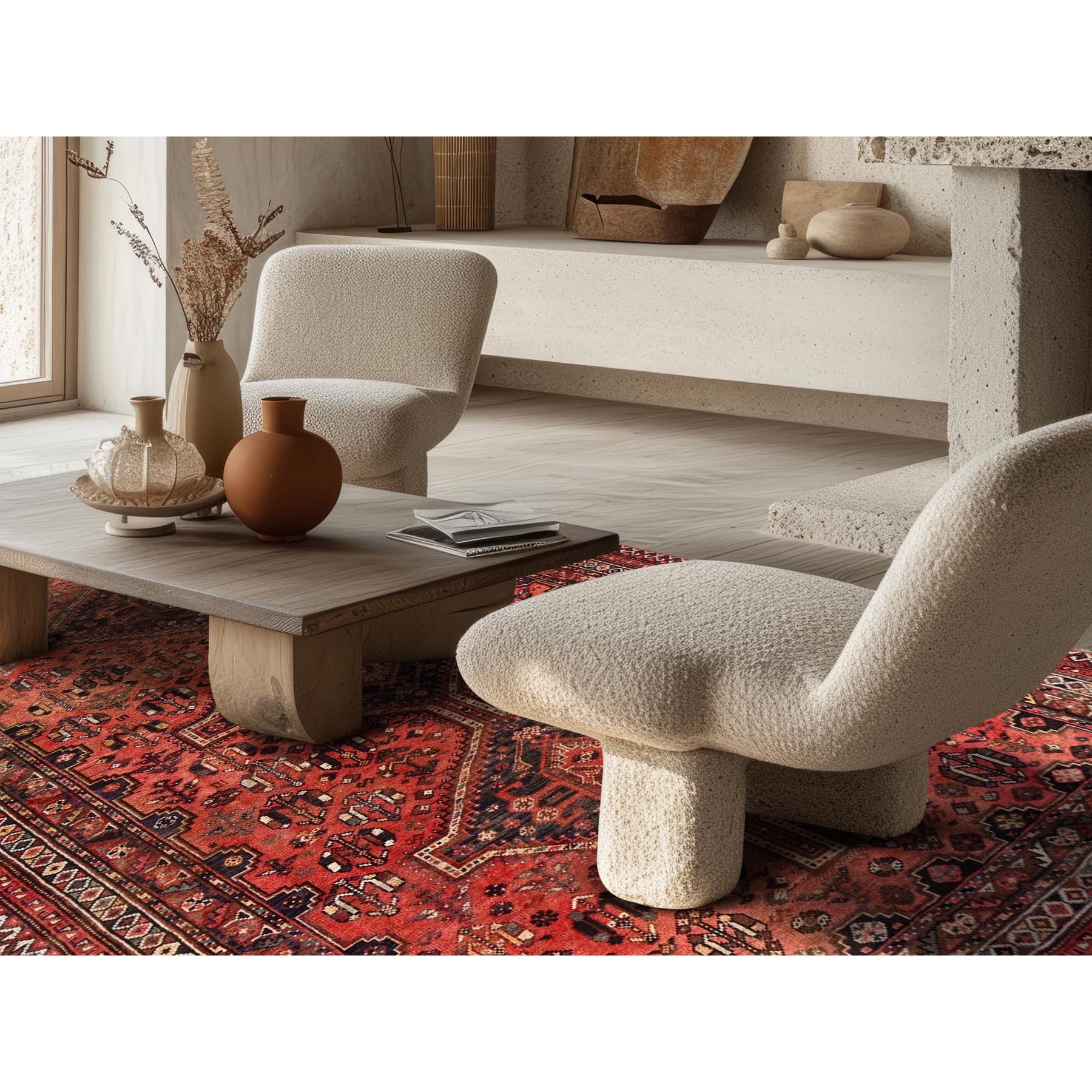 6'7"x9'5" Terracotta Red, Vintage Persian Shiraz with Geometric Medallion, Even Wear, Shaved Down, Zero Pile, Sides and Ends Professionally Secured, Hand Knotted, 100% Wool, Oriental Rug Sh1015