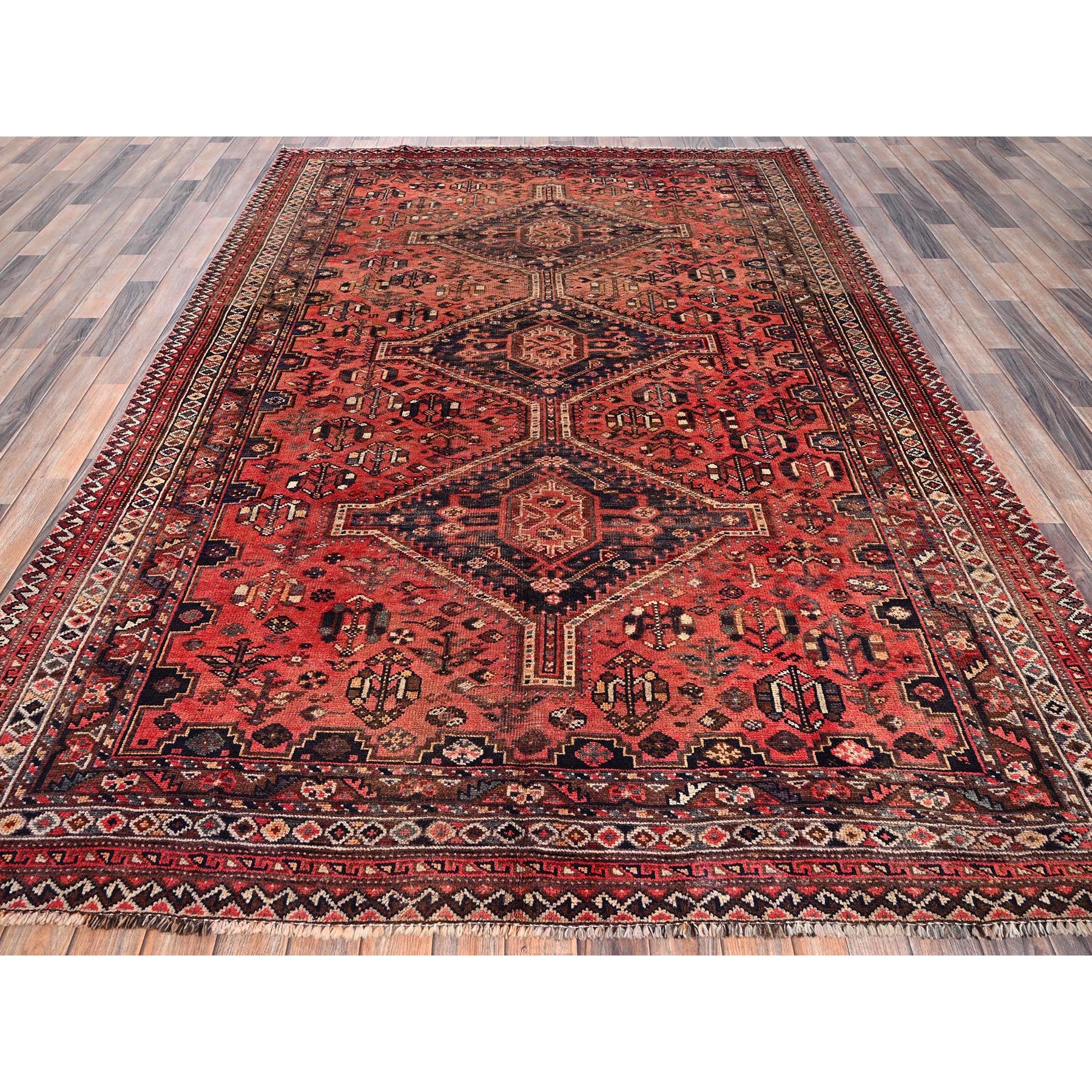 6'7"x9'5" Terracotta Red, Vintage Persian Shiraz with Geometric Medallion, Even Wear, Shaved Down, Zero Pile, Sides and Ends Professionally Secured, Hand Knotted, 100% Wool, Oriental Rug Sh1015