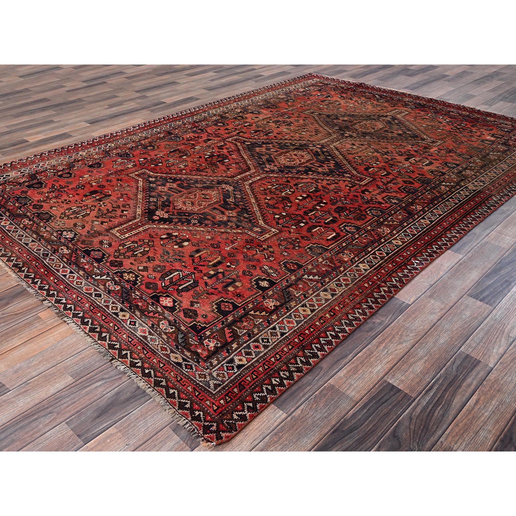 6'7"x9'5" Terracotta Red, Vintage Persian Shiraz with Geometric Medallion, Even Wear, Shaved Down, Zero Pile, Sides and Ends Professionally Secured, Hand Knotted, 100% Wool, Oriental Rug Sh1015