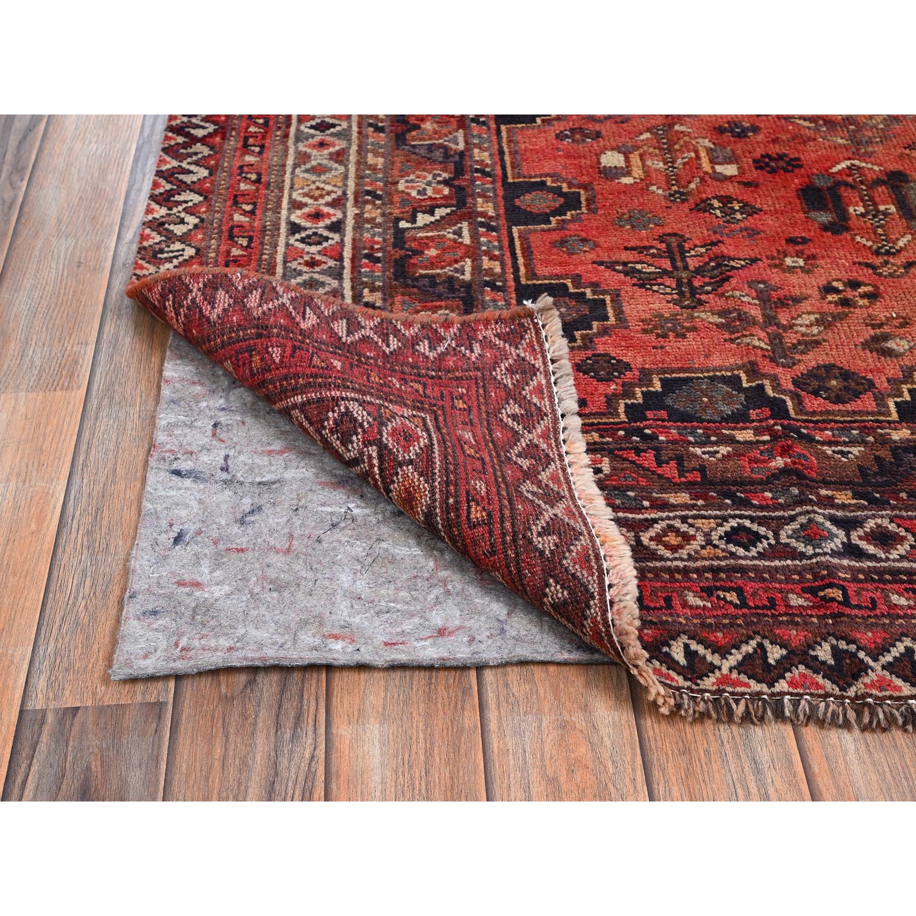 6'7"x9'5" Terracotta Red, Vintage Persian Shiraz with Geometric Medallion, Even Wear, Shaved Down, Zero Pile, Sides and Ends Professionally Secured, Hand Knotted, 100% Wool, Oriental Rug Sh1015