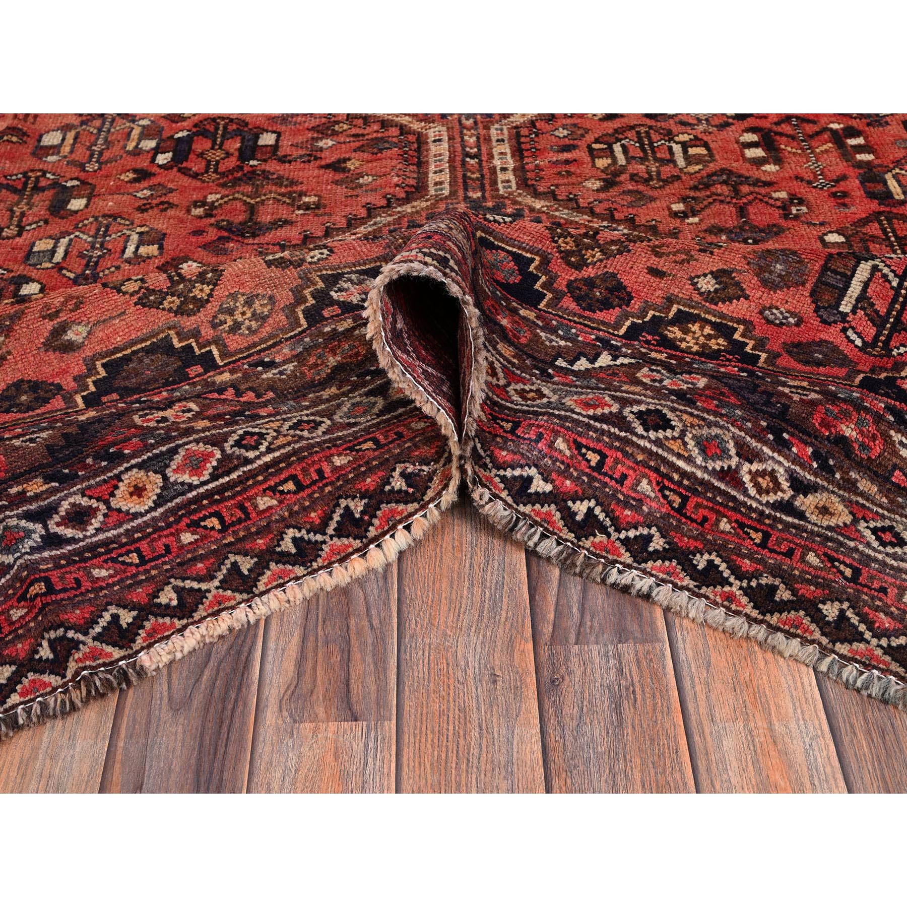 6'7"x9'5" Terracotta Red, Vintage Persian Shiraz with Geometric Medallion, Even Wear, Shaved Down, Zero Pile, Sides and Ends Professionally Secured, Hand Knotted, 100% Wool, Oriental Rug Sh1015