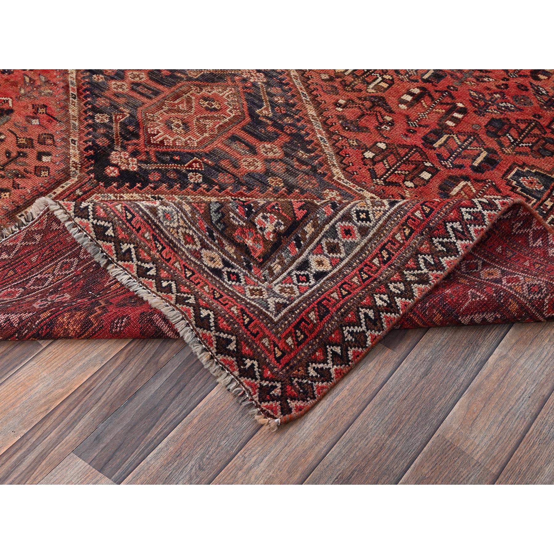6'7"x9'5" Terracotta Red, Vintage Persian Shiraz with Geometric Medallion, Even Wear, Shaved Down, Zero Pile, Sides and Ends Professionally Secured, Hand Knotted, 100% Wool, Oriental Rug Sh1015
