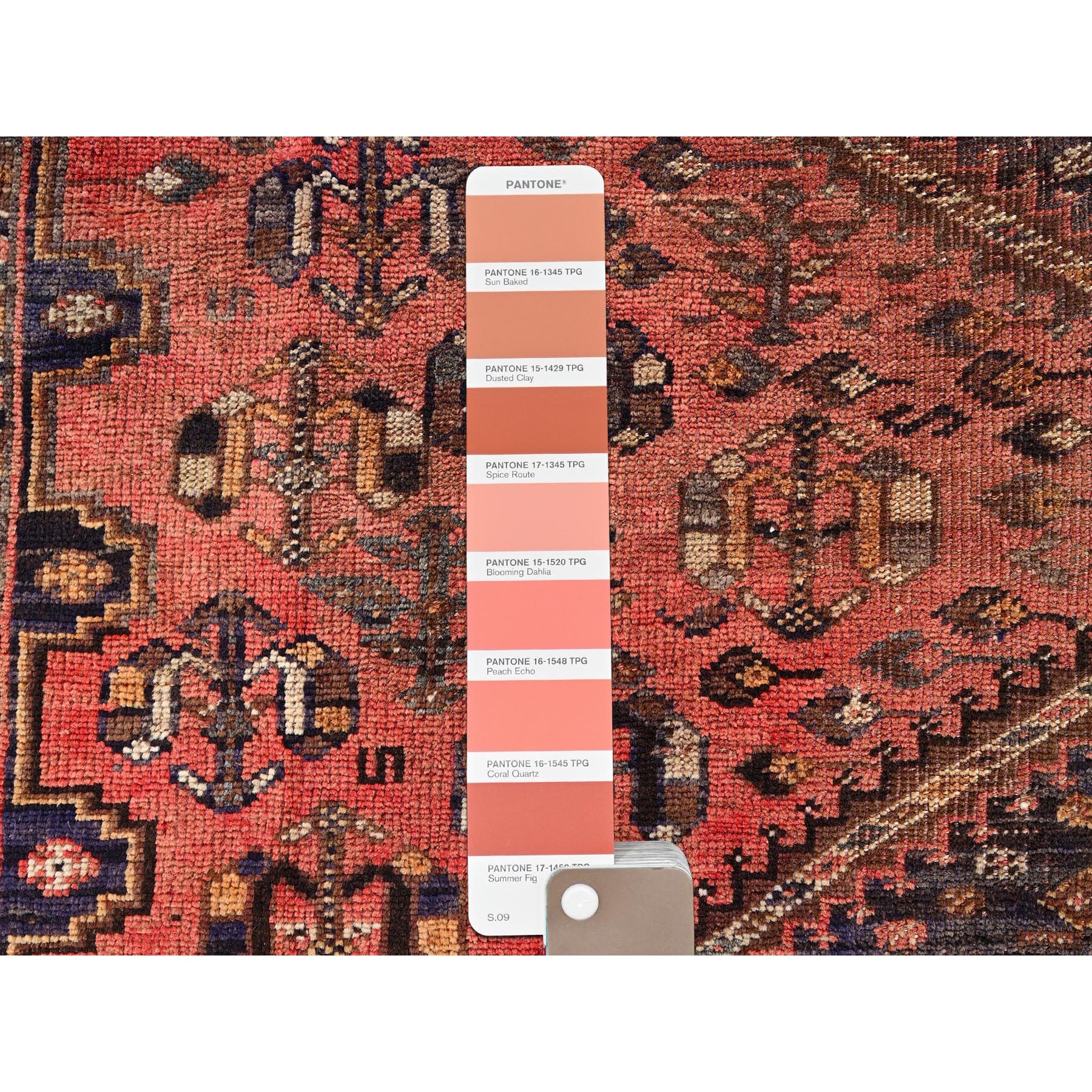 6'7"x9'5" Terracotta Red, Vintage Persian Shiraz with Geometric Medallion, Even Wear, Shaved Down, Zero Pile, Sides and Ends Professionally Secured, Hand Knotted, 100% Wool, Oriental Rug Sh1015