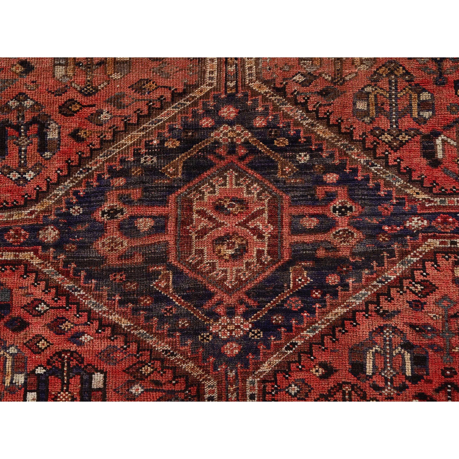 6'7"x9'5" Terracotta Red, Vintage Persian Shiraz with Geometric Medallion, Even Wear, Shaved Down, Zero Pile, Sides and Ends Professionally Secured, Hand Knotted, 100% Wool, Oriental Rug Sh1015