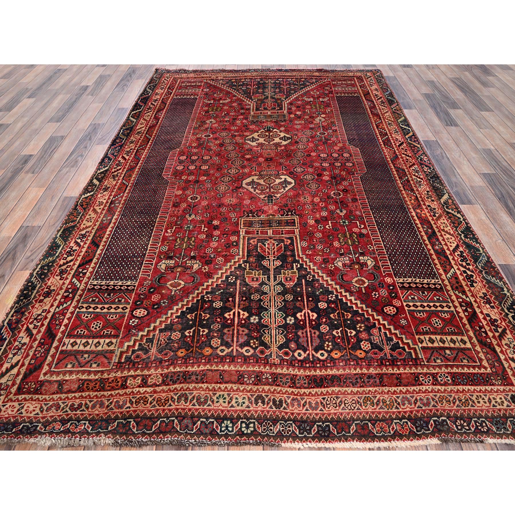 5'10"x9' Ruby Red, Vintage Persian Shiraz with Geometric Pattern, Distressed, Cropped Thin, Zero Pile, Sides and Ends Professionally Secured, Hand Knotted, 100% Wool, Oriental Rug Sh1016