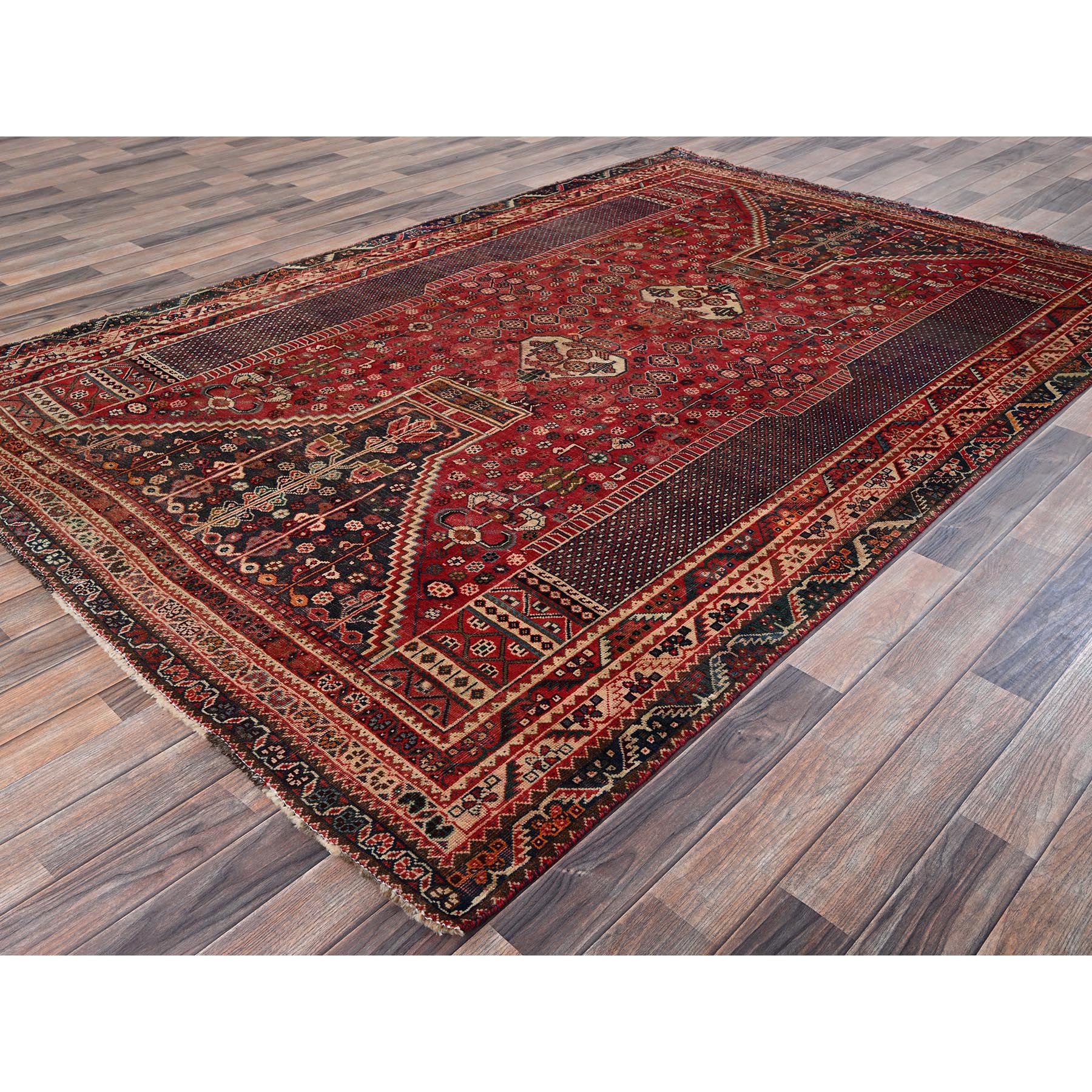 5'10"x9' Ruby Red, Vintage Persian Shiraz with Geometric Pattern, Distressed, Cropped Thin, Zero Pile, Sides and Ends Professionally Secured, Hand Knotted, 100% Wool, Oriental Rug Sh1016
