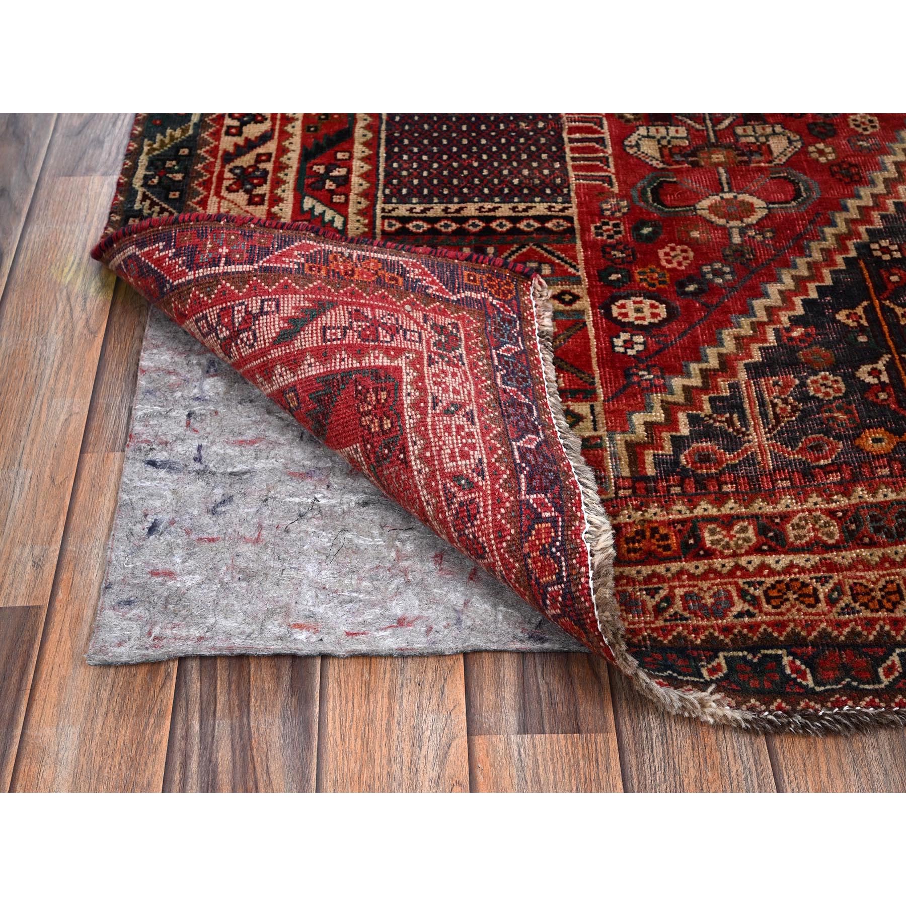 5'10"x9' Ruby Red, Vintage Persian Shiraz with Geometric Pattern, Distressed, Cropped Thin, Zero Pile, Sides and Ends Professionally Secured, Hand Knotted, 100% Wool, Oriental Rug Sh1016