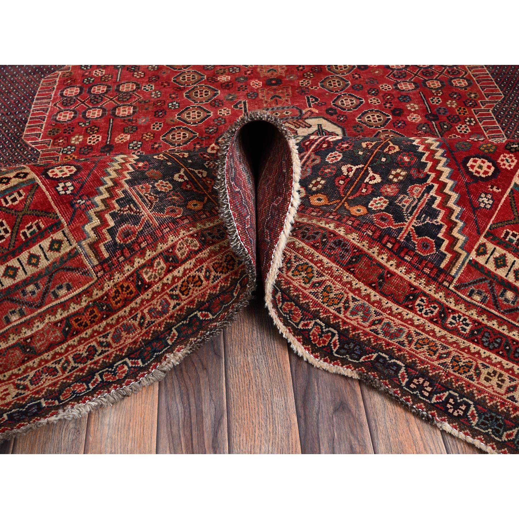5'10"x9' Ruby Red, Vintage Persian Shiraz with Geometric Pattern, Distressed, Cropped Thin, Zero Pile, Sides and Ends Professionally Secured, Hand Knotted, 100% Wool, Oriental Rug Sh1016