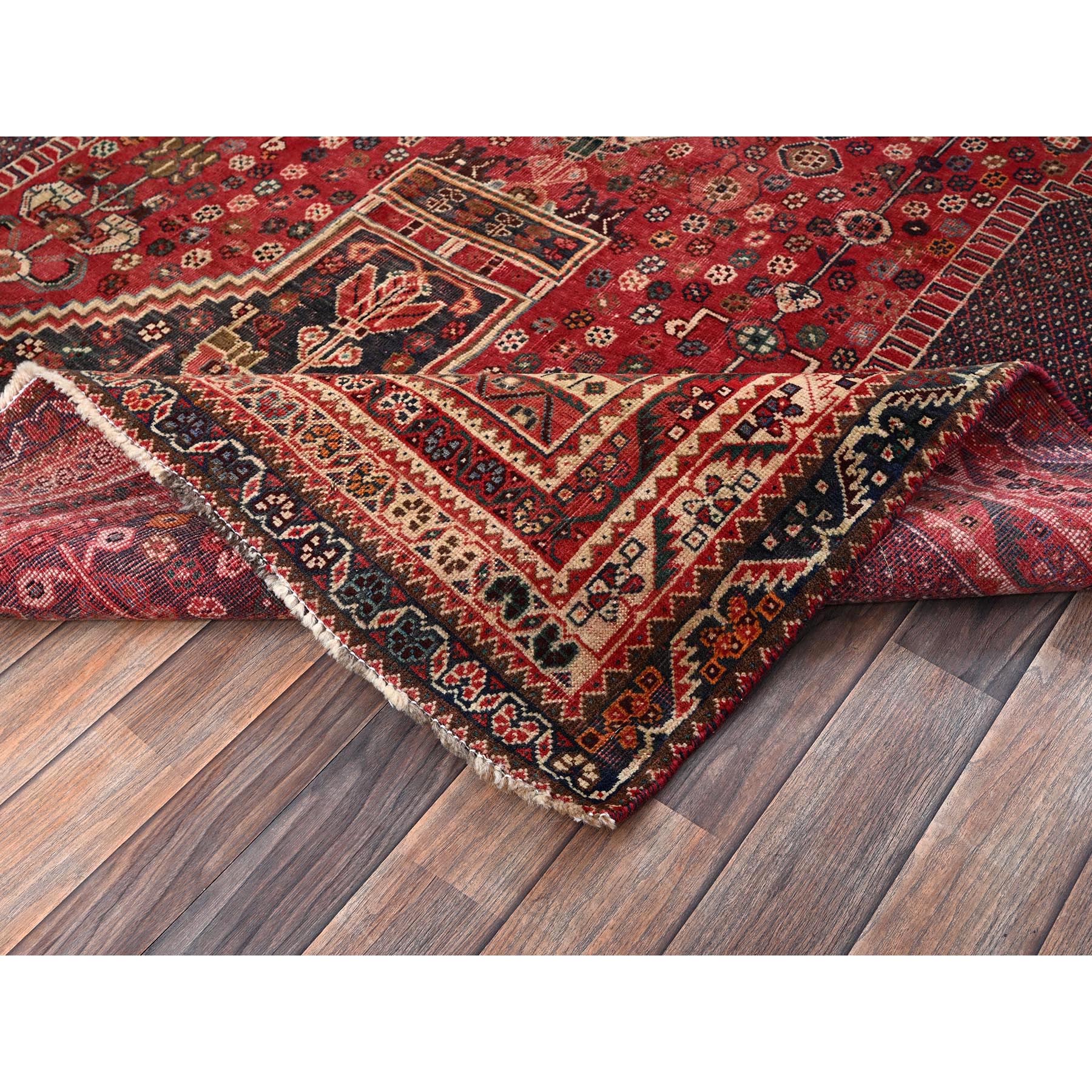 5'10"x9' Ruby Red, Vintage Persian Shiraz with Geometric Pattern, Distressed, Cropped Thin, Zero Pile, Sides and Ends Professionally Secured, Hand Knotted, 100% Wool, Oriental Rug Sh1016