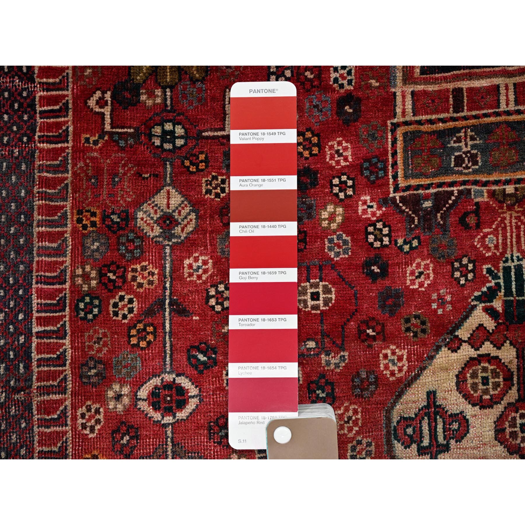 5'10"x9' Ruby Red, Vintage Persian Shiraz with Geometric Pattern, Distressed, Cropped Thin, Zero Pile, Sides and Ends Professionally Secured, Hand Knotted, 100% Wool, Oriental Rug Sh1016
