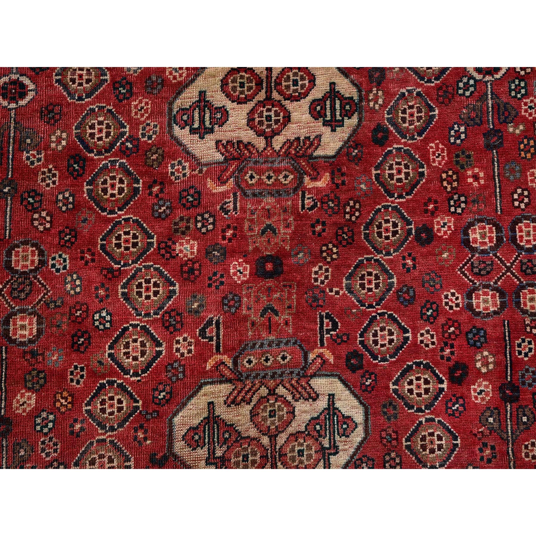 5'10"x9' Ruby Red, Vintage Persian Shiraz with Geometric Pattern, Distressed, Cropped Thin, Zero Pile, Sides and Ends Professionally Secured, Hand Knotted, 100% Wool, Oriental Rug Sh1016
