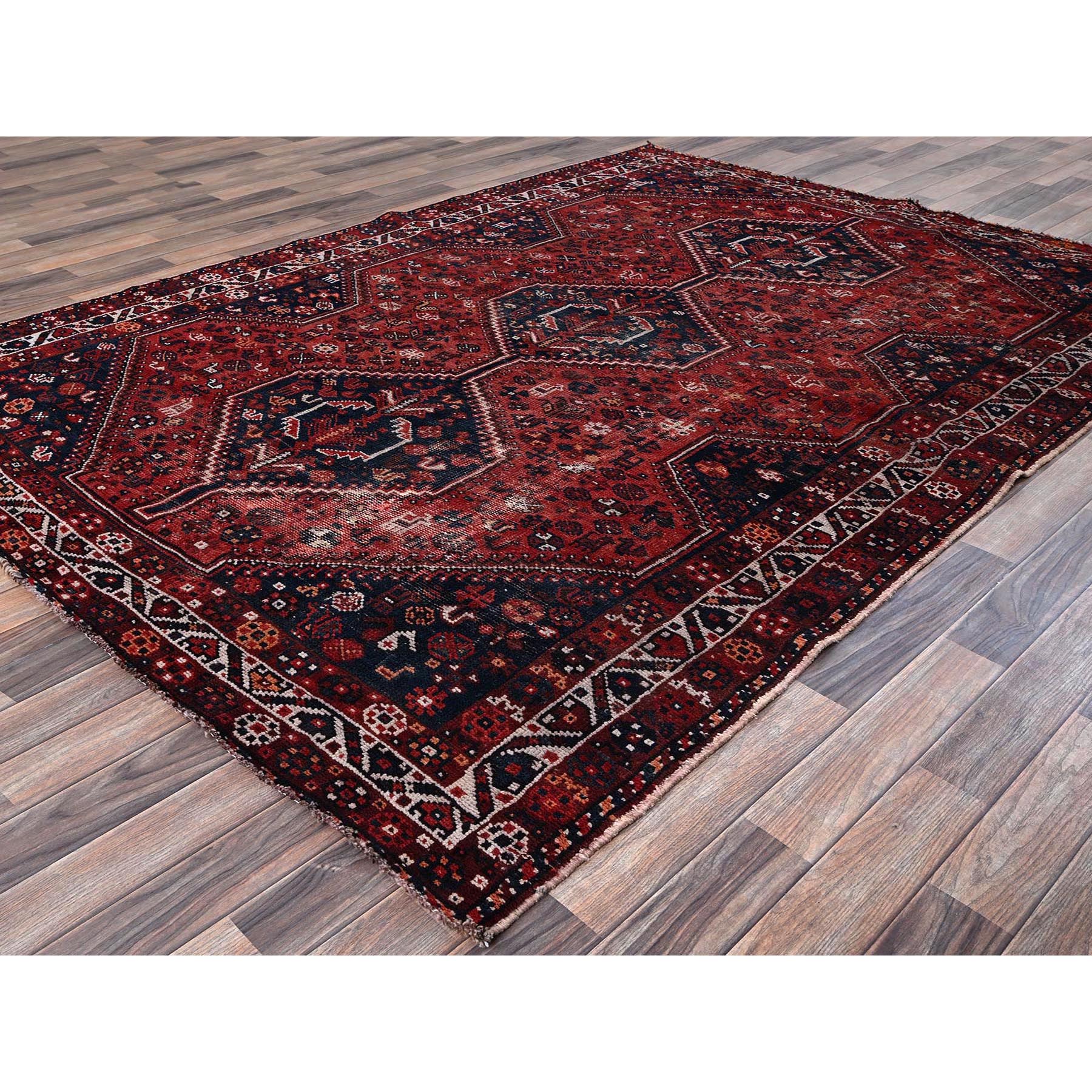 6'4"x9' Carmine Red, Vintage Persian Shiraz with Geometric Medallion, Small Animal Figurines, Worn and Distressed, Shaved Low, Zero Pile, Sides and Ends Professionally Secured, Hand Knotted, 100% Wool, Oriental Rug Sh1017