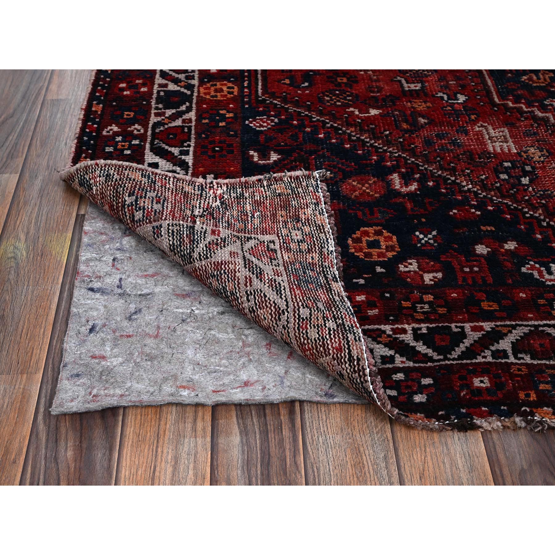 6'4"x9' Carmine Red, Vintage Persian Shiraz with Geometric Medallion, Small Animal Figurines, Worn and Distressed, Shaved Low, Zero Pile, Sides and Ends Professionally Secured, Hand Knotted, 100% Wool, Oriental Rug Sh1017