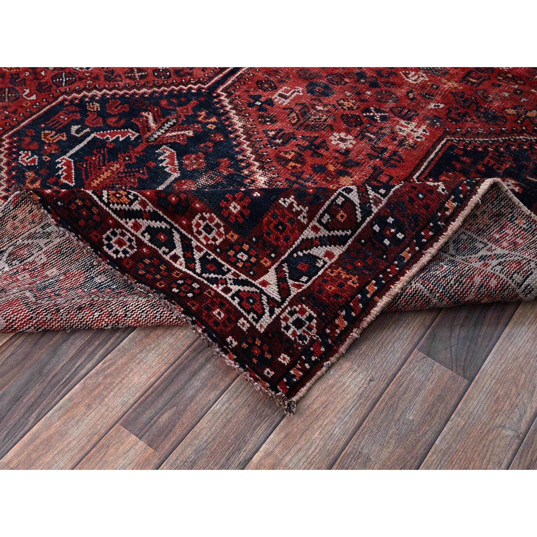 6'4"x9' Carmine Red, Vintage Persian Shiraz with Geometric Medallion, Small Animal Figurines, Worn and Distressed, Shaved Low, Zero Pile, Sides and Ends Professionally Secured, Hand Knotted, 100% Wool, Oriental Rug Sh1017