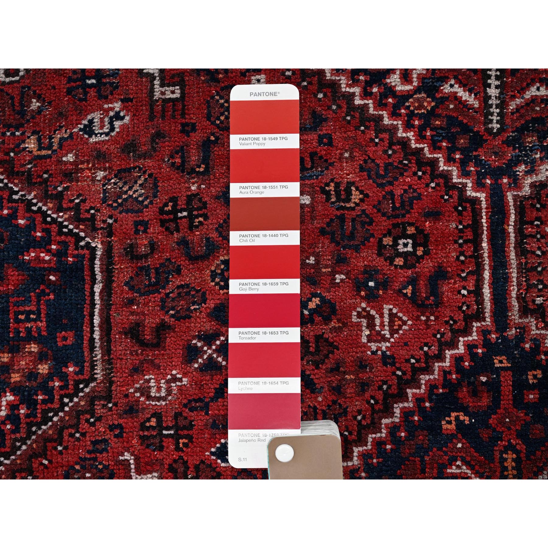 6'4"x9' Carmine Red, Vintage Persian Shiraz with Geometric Medallion, Small Animal Figurines, Worn and Distressed, Shaved Low, Zero Pile, Sides and Ends Professionally Secured, Hand Knotted, 100% Wool, Oriental Rug Sh1017