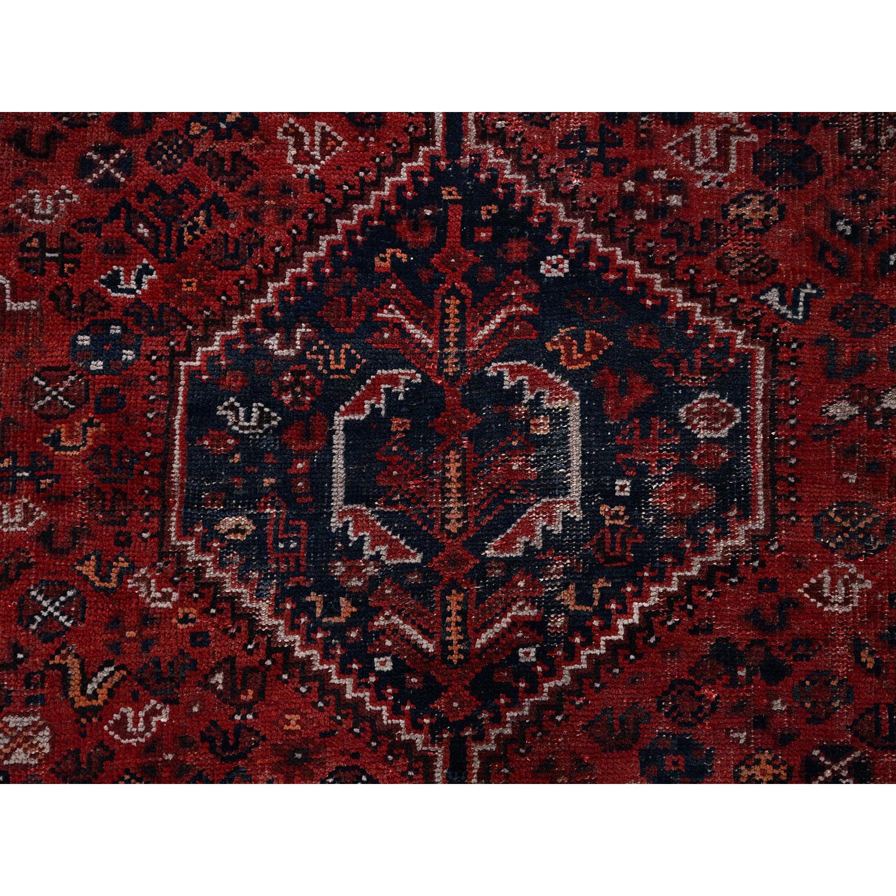 6'4"x9' Carmine Red, Vintage Persian Shiraz with Geometric Medallion, Small Animal Figurines, Worn and Distressed, Shaved Low, Zero Pile, Sides and Ends Professionally Secured, Hand Knotted, 100% Wool, Oriental Rug Sh1017