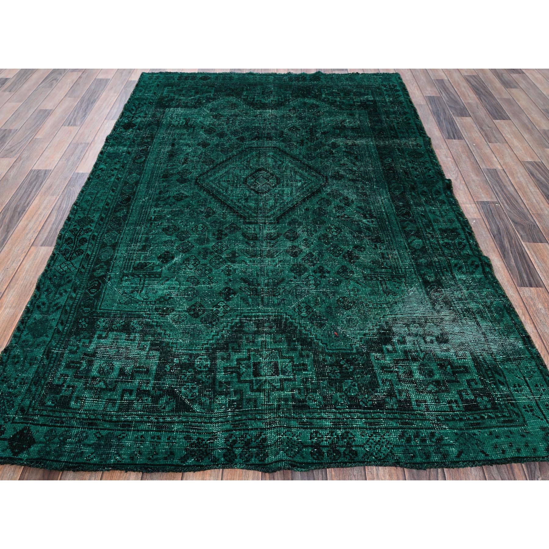 5'1"x7'10" Bottle Green, Vintage Overdyed Persian Shiraz with Geometric Medallion, Worn and Distressed, Shaved Low, Zero Pile, Sides and Ends Professionally Secured, Hand Knotted, 100% Wool, Oriental Rug Sh1018