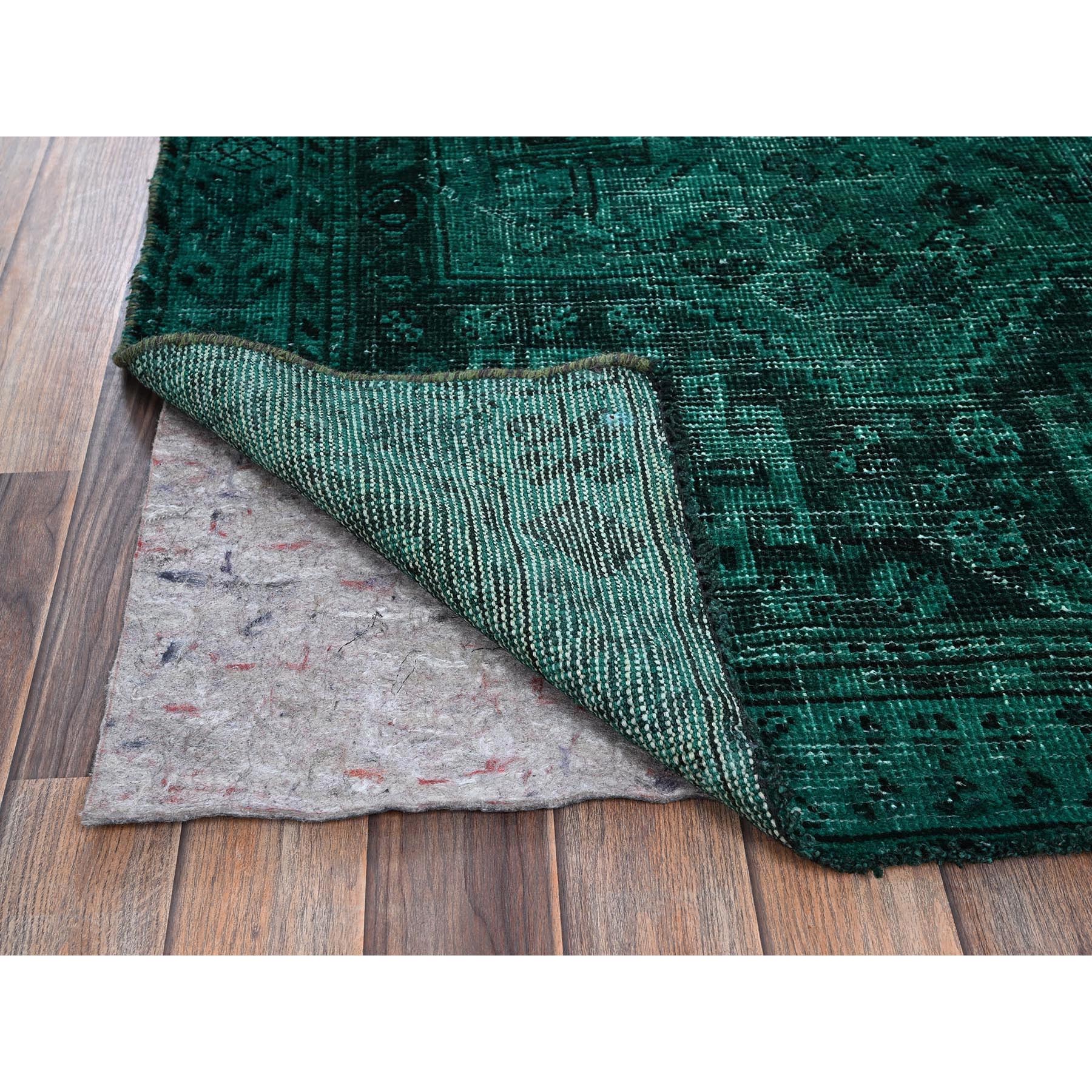 5'1"x7'10" Bottle Green, Vintage Overdyed Persian Shiraz with Geometric Medallion, Worn and Distressed, Shaved Low, Zero Pile, Sides and Ends Professionally Secured, Hand Knotted, 100% Wool, Oriental Rug Sh1018