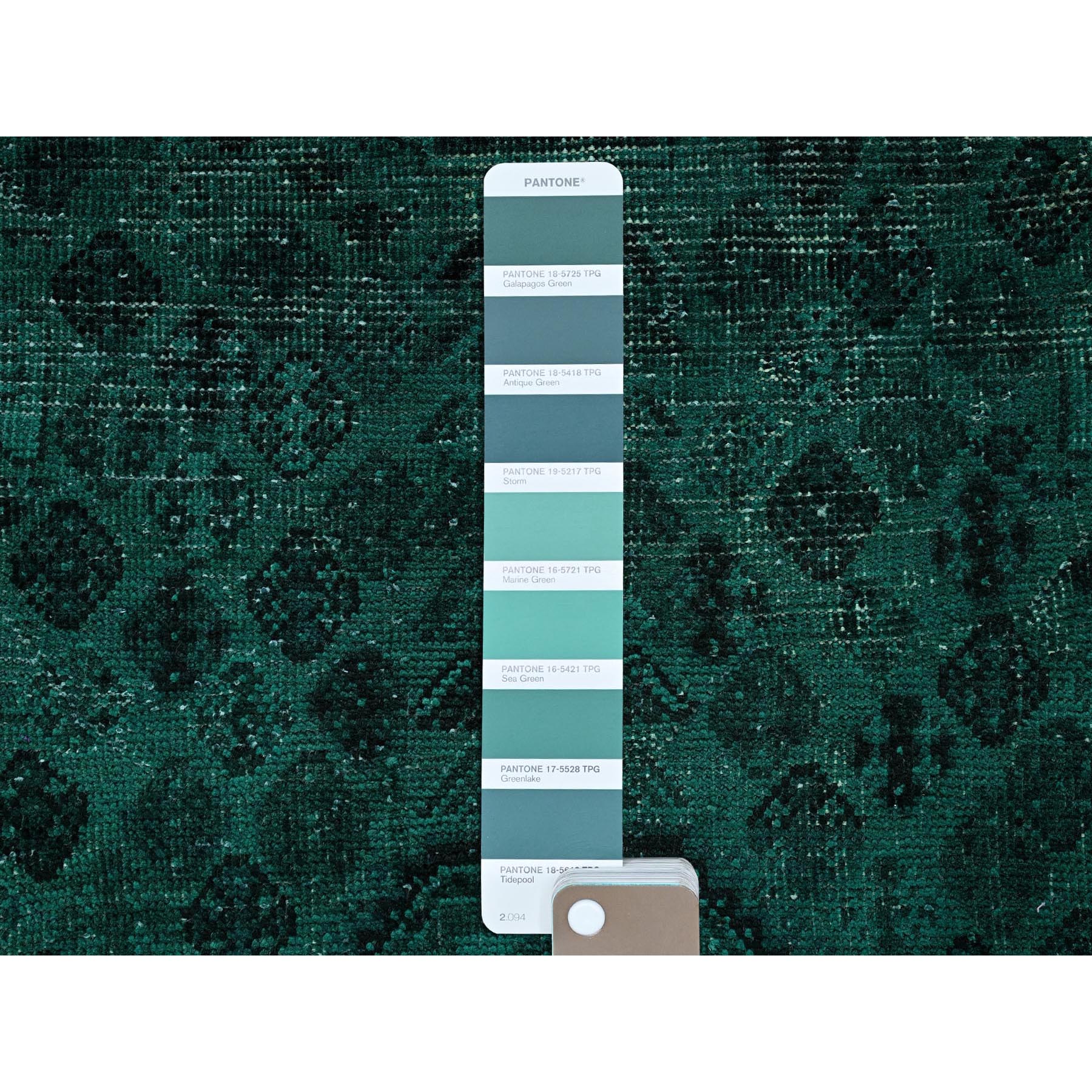 5'1"x7'10" Bottle Green, Vintage Overdyed Persian Shiraz with Geometric Medallion, Worn and Distressed, Shaved Low, Zero Pile, Sides and Ends Professionally Secured, Hand Knotted, 100% Wool, Oriental Rug Sh1018