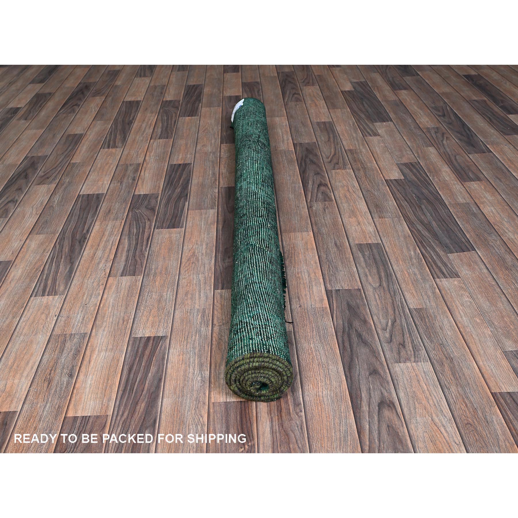 5'1"x7'10" Bottle Green, Vintage Overdyed Persian Shiraz with Geometric Medallion, Worn and Distressed, Shaved Low, Zero Pile, Sides and Ends Professionally Secured, Hand Knotted, 100% Wool, Oriental Rug Sh1018