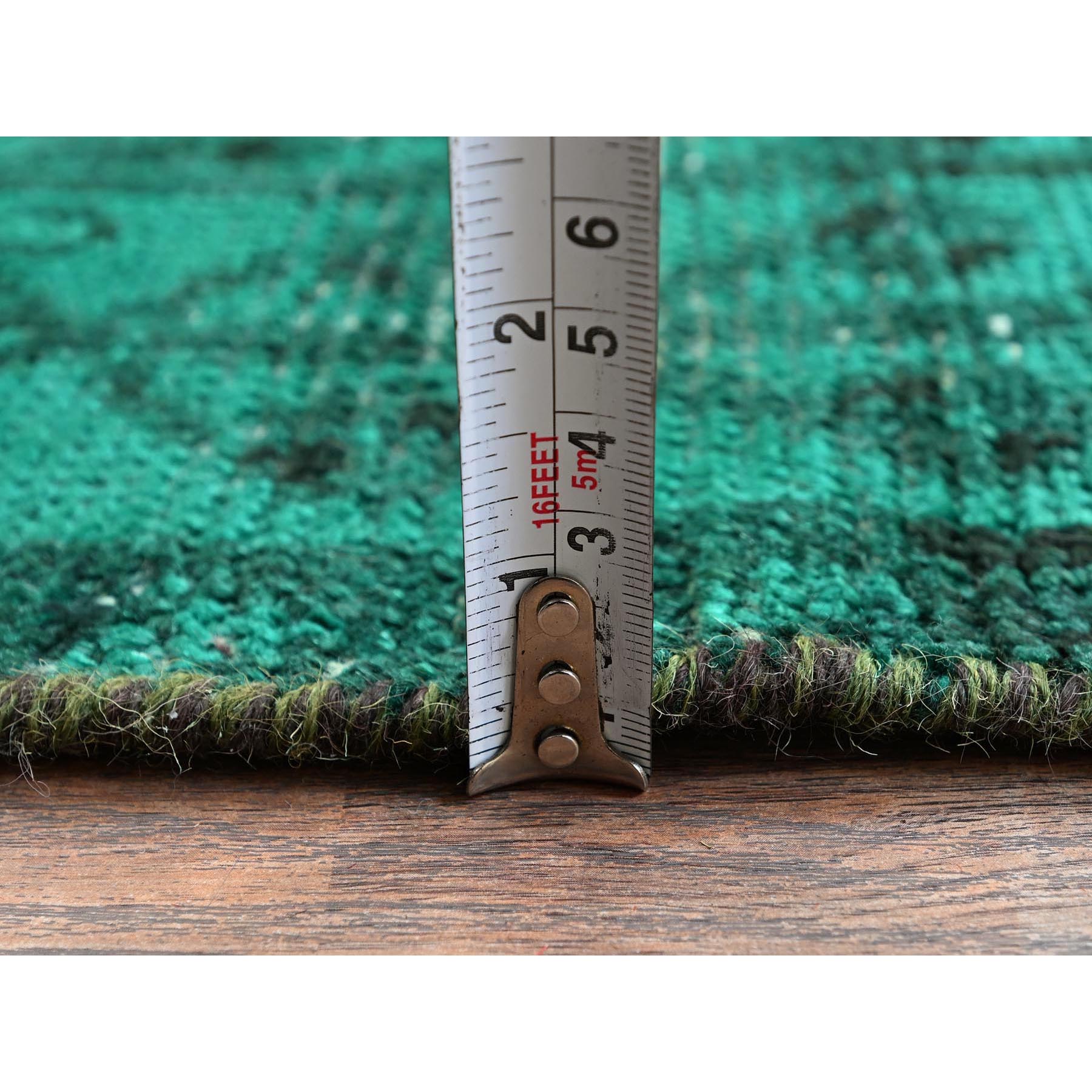 5'1"x7'10" Bottle Green, Vintage Overdyed Persian Shiraz with Geometric Medallion, Worn and Distressed, Shaved Low, Zero Pile, Sides and Ends Professionally Secured, Hand Knotted, 100% Wool, Oriental Rug Sh1018