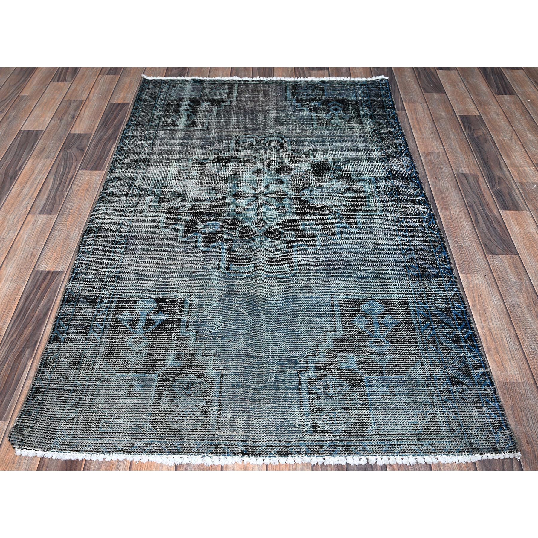 3'6"x5'9" Misty Gray, Ovedyed Vintage Persian Bakhtiar with Large Medallion, Worn and Distressed, Sheared Low, Zero Pile, Sides and Ends Professionally Secured, Hand Knotted, 100% Wool, Oriental Rug Sh1019