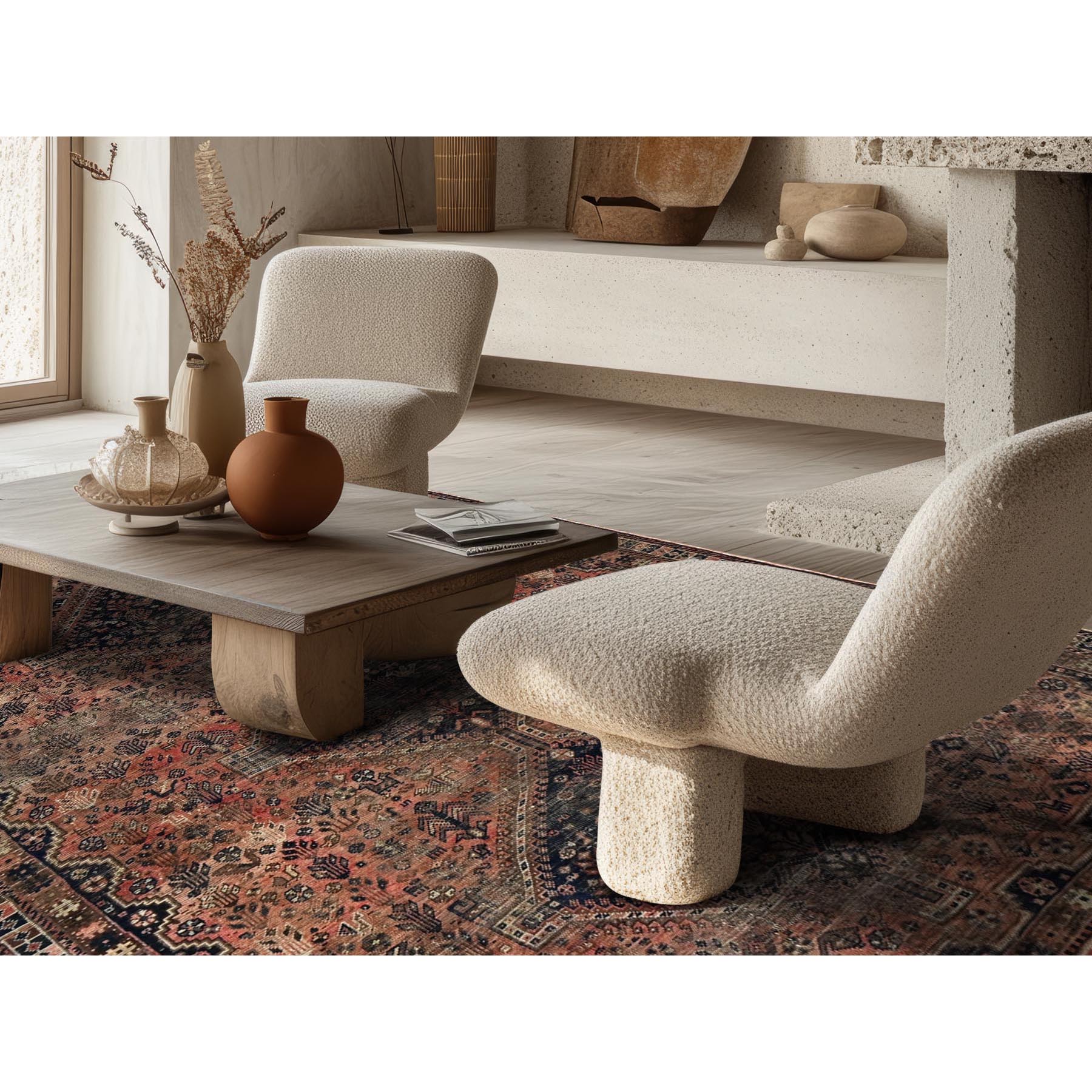6'7"x9'1" Dark Coral, Overdyed Vintage Persian Shiraz with Geometric Medallion, Small Animal Figurines, Abrash, Worn and Distressed, Shaved Low, Zero Pile, Sides and Ends Professionally Secured, Hand Knotted, 100% Wool, Oriental Rug Sh1021
