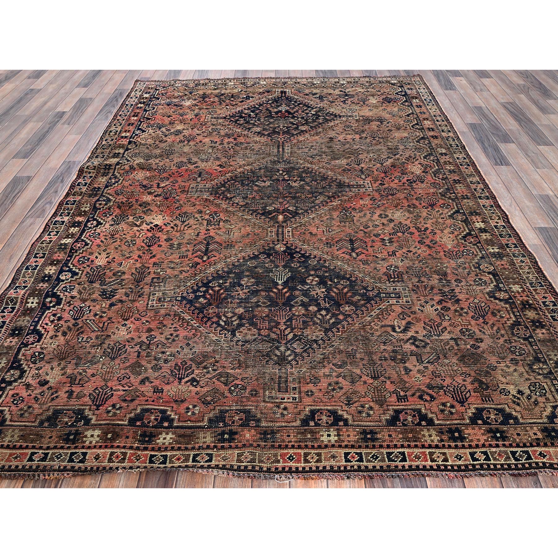 6'7"x9'1" Dark Coral, Overdyed Vintage Persian Shiraz with Geometric Medallion, Small Animal Figurines, Abrash, Worn and Distressed, Shaved Low, Zero Pile, Sides and Ends Professionally Secured, Hand Knotted, 100% Wool, Oriental Rug Sh1021