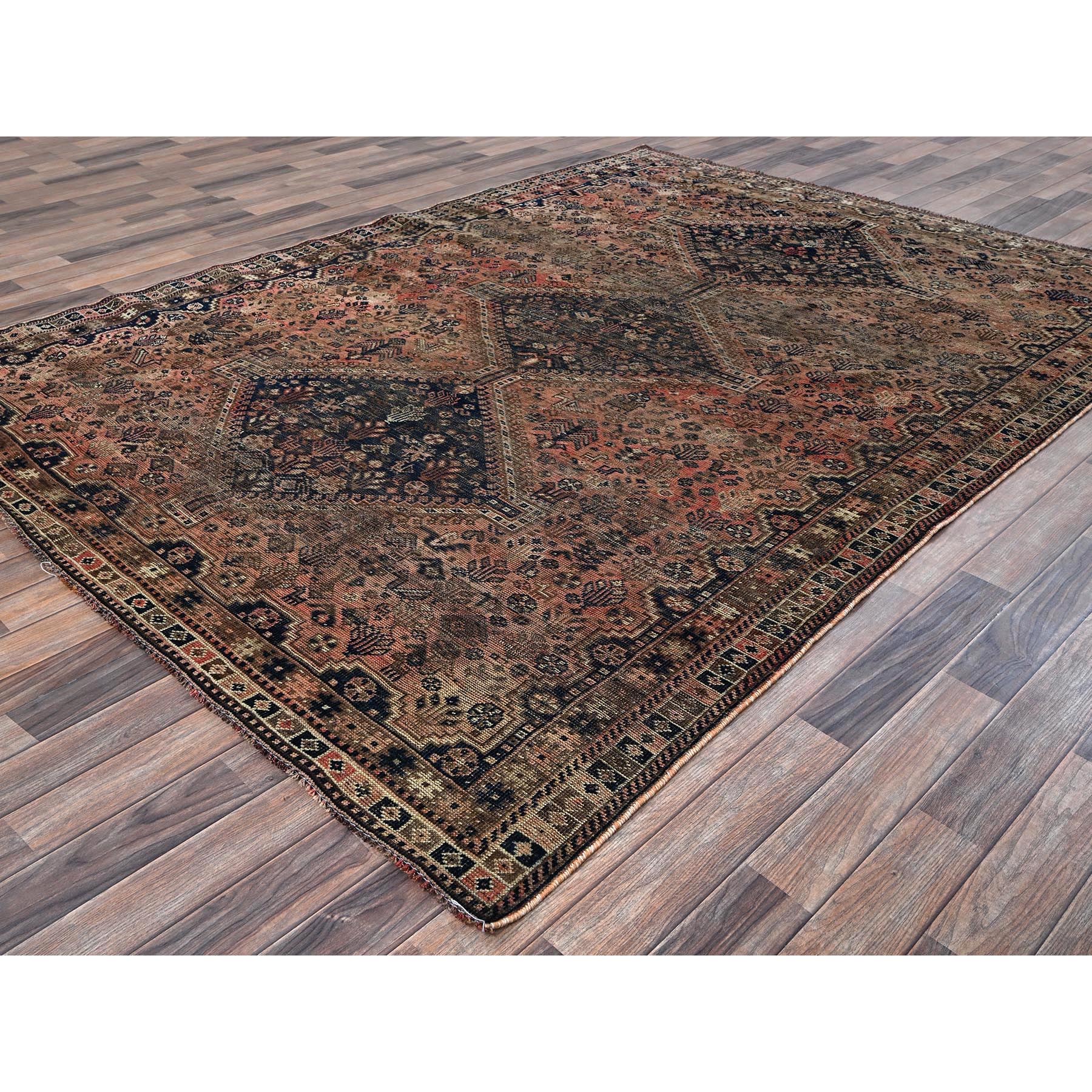 6'7"x9'1" Dark Coral, Overdyed Vintage Persian Shiraz with Geometric Medallion, Small Animal Figurines, Abrash, Worn and Distressed, Shaved Low, Zero Pile, Sides and Ends Professionally Secured, Hand Knotted, 100% Wool, Oriental Rug Sh1021