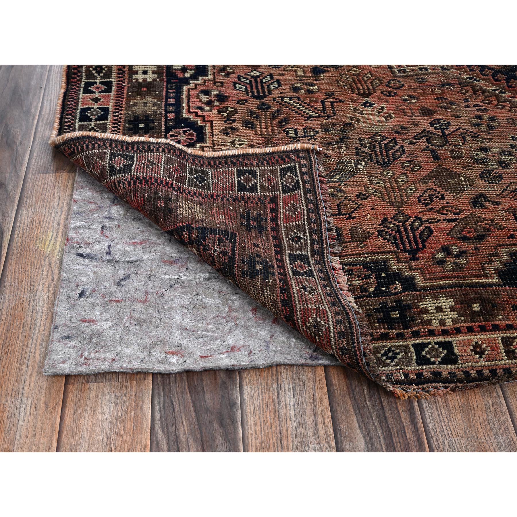 6'7"x9'1" Dark Coral, Overdyed Vintage Persian Shiraz with Geometric Medallion, Small Animal Figurines, Abrash, Worn and Distressed, Shaved Low, Zero Pile, Sides and Ends Professionally Secured, Hand Knotted, 100% Wool, Oriental Rug Sh1021