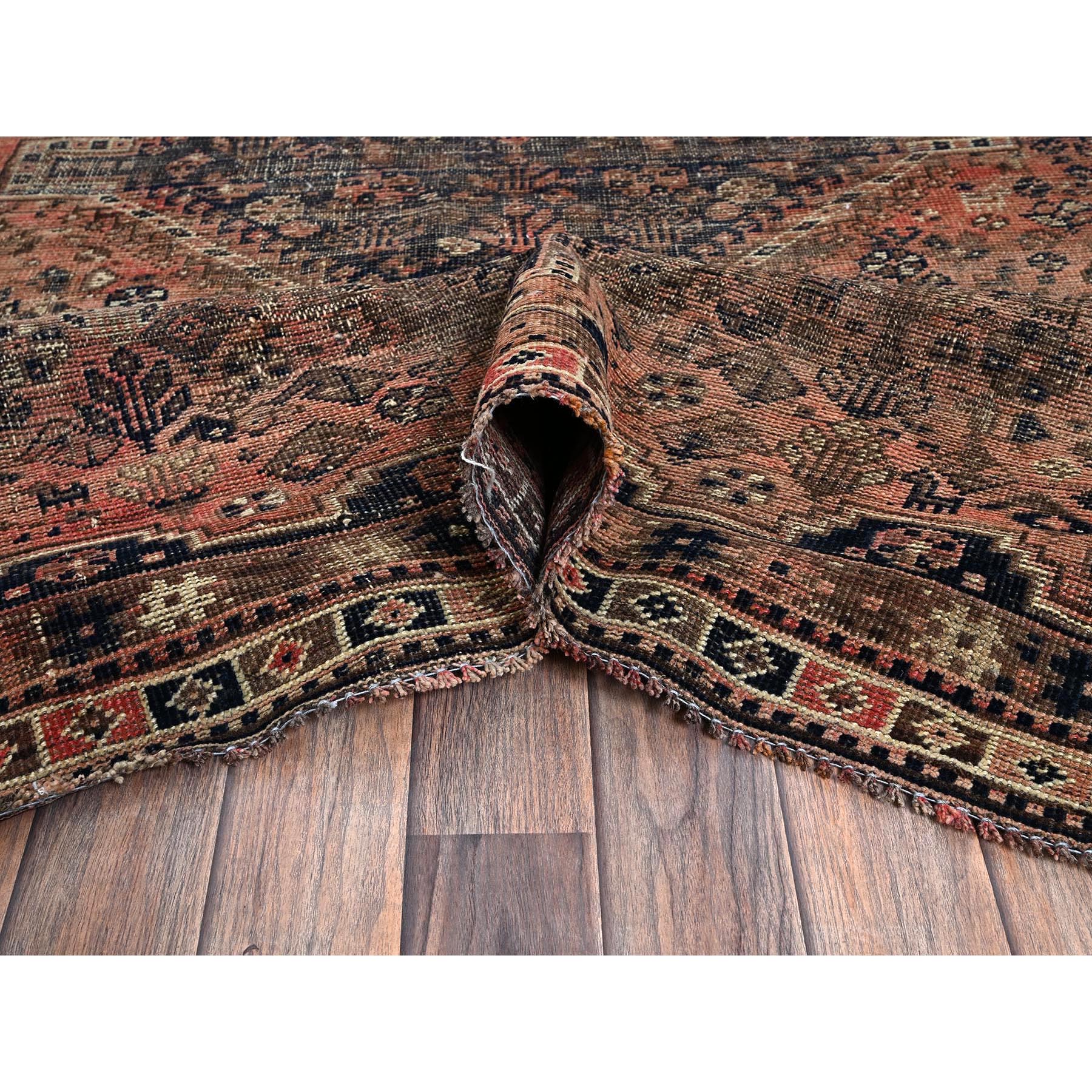 6'7"x9'1" Dark Coral, Overdyed Vintage Persian Shiraz with Geometric Medallion, Small Animal Figurines, Abrash, Worn and Distressed, Shaved Low, Zero Pile, Sides and Ends Professionally Secured, Hand Knotted, 100% Wool, Oriental Rug Sh1021