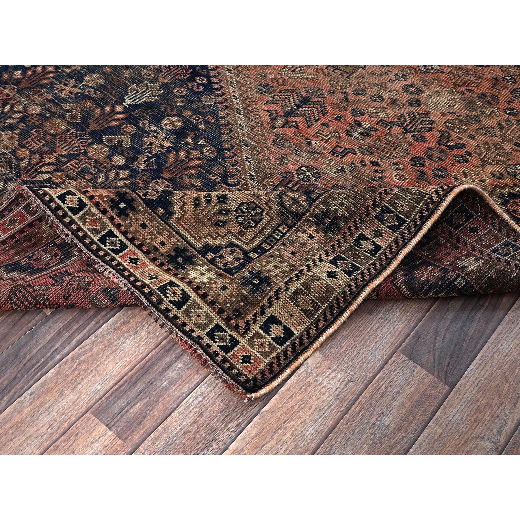 6'7"x9'1" Dark Coral, Overdyed Vintage Persian Shiraz with Geometric Medallion, Small Animal Figurines, Abrash, Worn and Distressed, Shaved Low, Zero Pile, Sides and Ends Professionally Secured, Hand Knotted, 100% Wool, Oriental Rug Sh1021