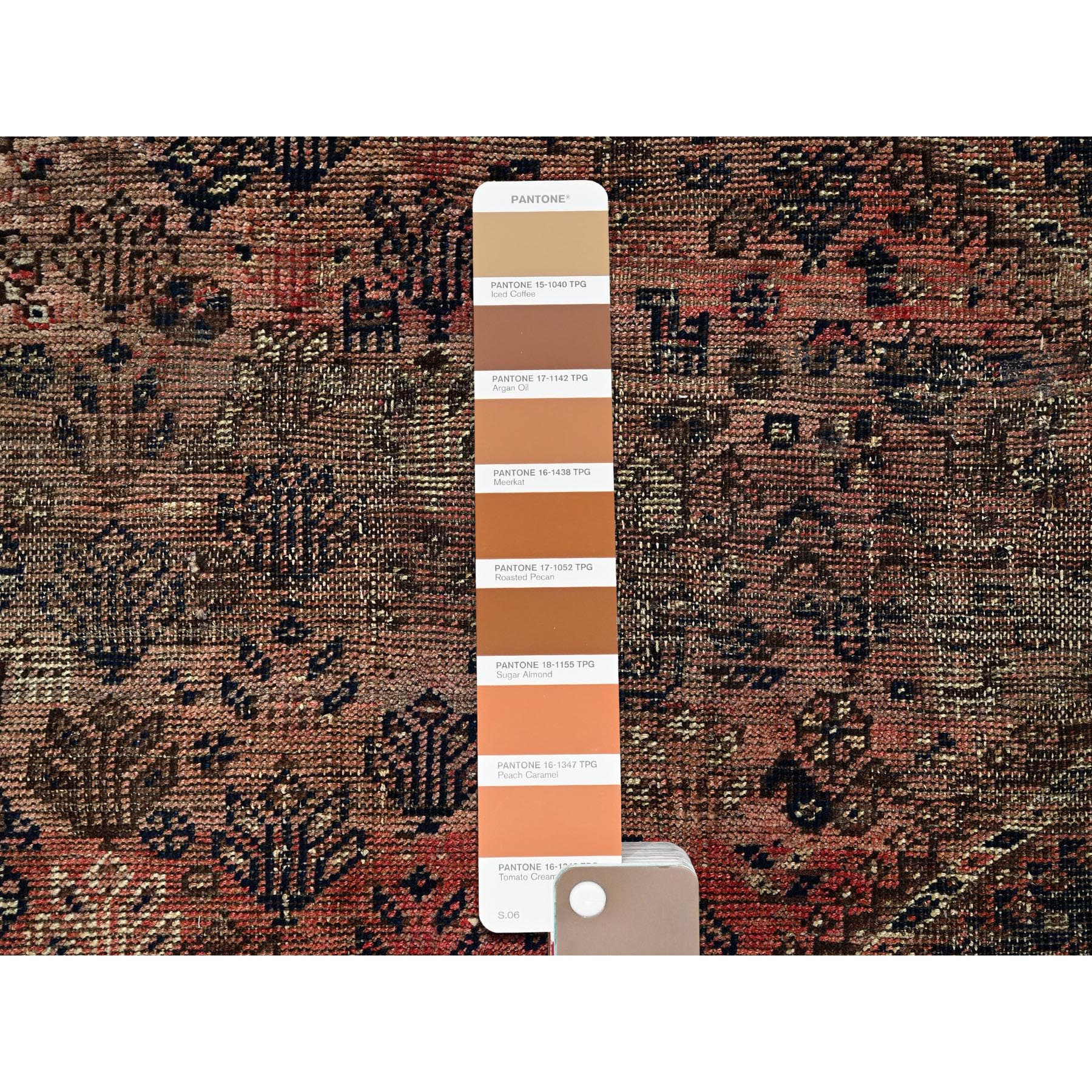6'7"x9'1" Dark Coral, Overdyed Vintage Persian Shiraz with Geometric Medallion, Small Animal Figurines, Abrash, Worn and Distressed, Shaved Low, Zero Pile, Sides and Ends Professionally Secured, Hand Knotted, 100% Wool, Oriental Rug Sh1021
