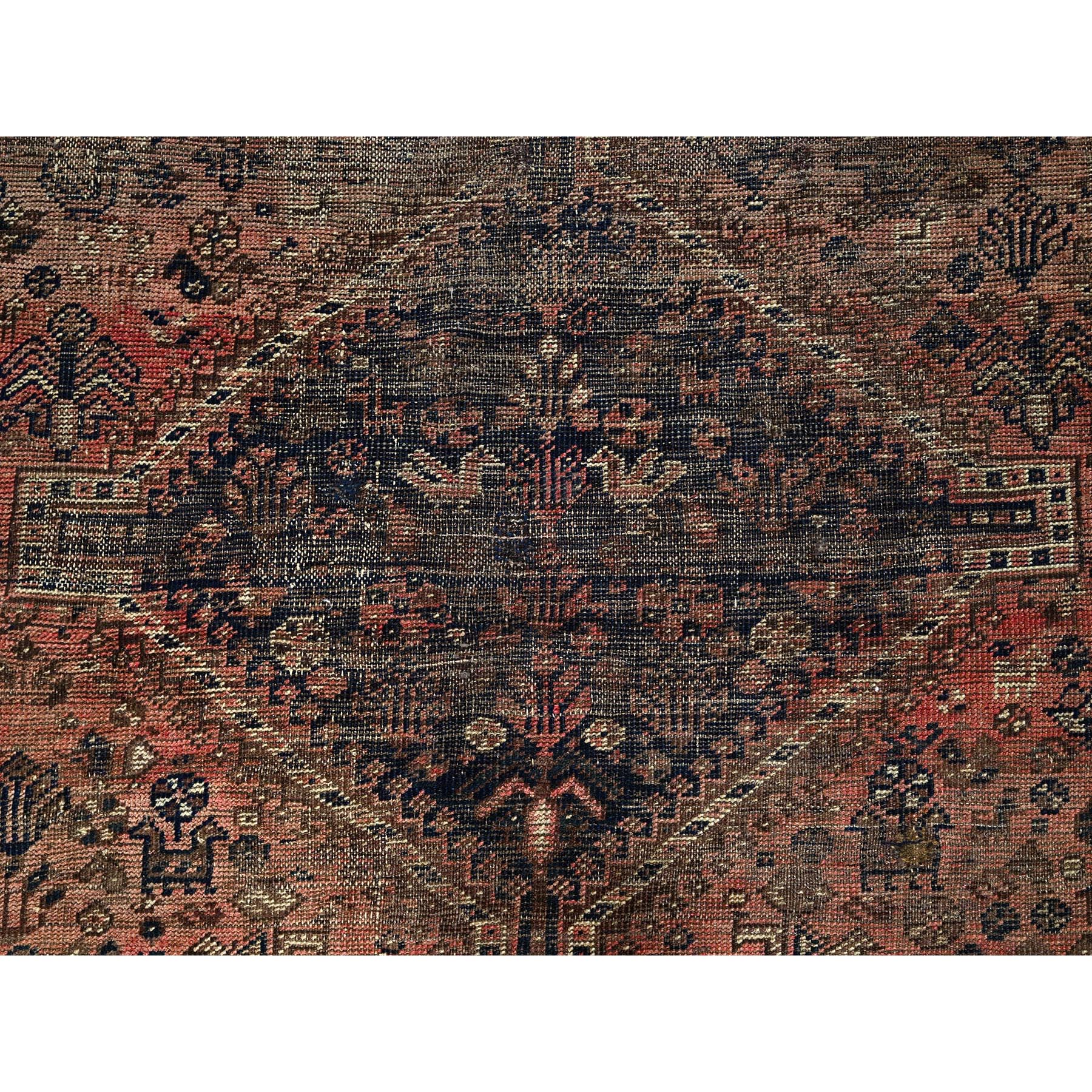 6'7"x9'1" Dark Coral, Overdyed Vintage Persian Shiraz with Geometric Medallion, Small Animal Figurines, Abrash, Worn and Distressed, Shaved Low, Zero Pile, Sides and Ends Professionally Secured, Hand Knotted, 100% Wool, Oriental Rug Sh1021