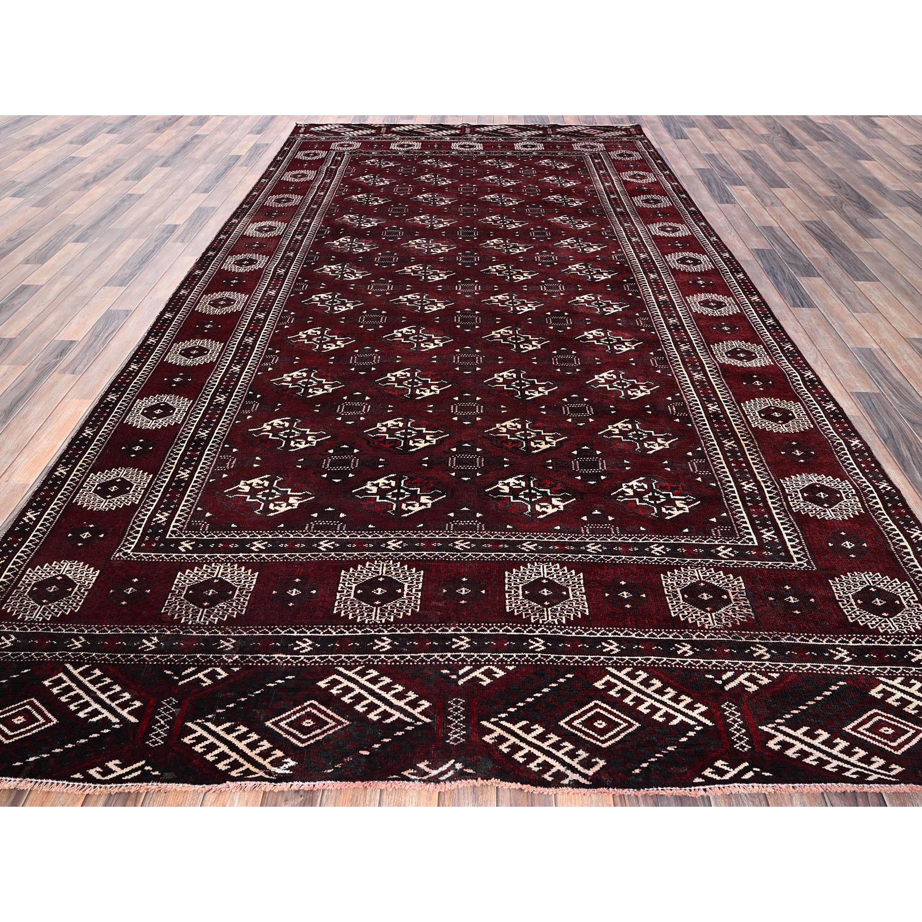 7'x13' Wine Red, Vintage Turkoman Afghan Bokara with Geometric Medallion, Shaved Low, Zero Pile, Sides and Ends Professionally Secured, Hand Knotted, 100% Wool, Gallery Size, Wide Runner, Oriental Rug Sh1023