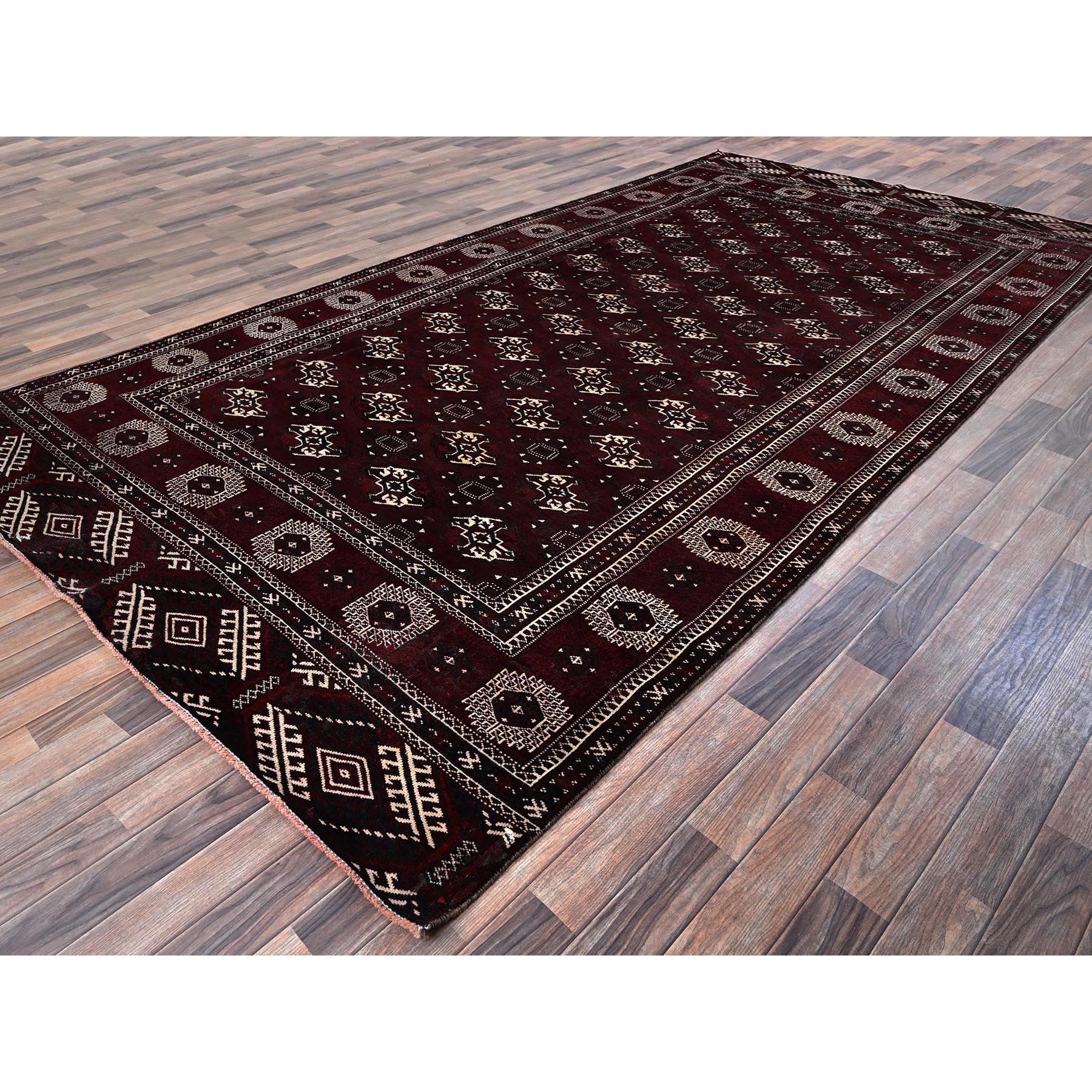 7'x13' Wine Red, Vintage Turkoman Afghan Bokara with Geometric Medallion, Shaved Low, Zero Pile, Sides and Ends Professionally Secured, Hand Knotted, 100% Wool, Gallery Size, Wide Runner, Oriental Rug Sh1023