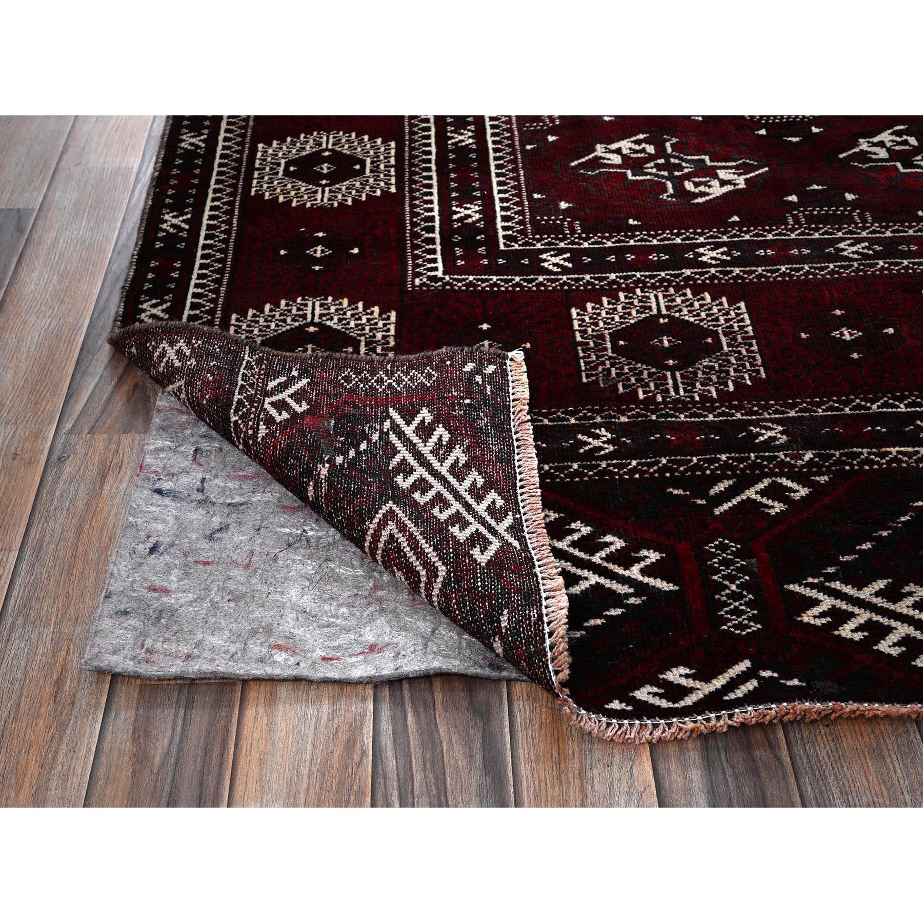 7'x13' Wine Red, Vintage Turkoman Afghan Bokara with Geometric Medallion, Shaved Low, Zero Pile, Sides and Ends Professionally Secured, Hand Knotted, 100% Wool, Gallery Size, Wide Runner, Oriental Rug Sh1023