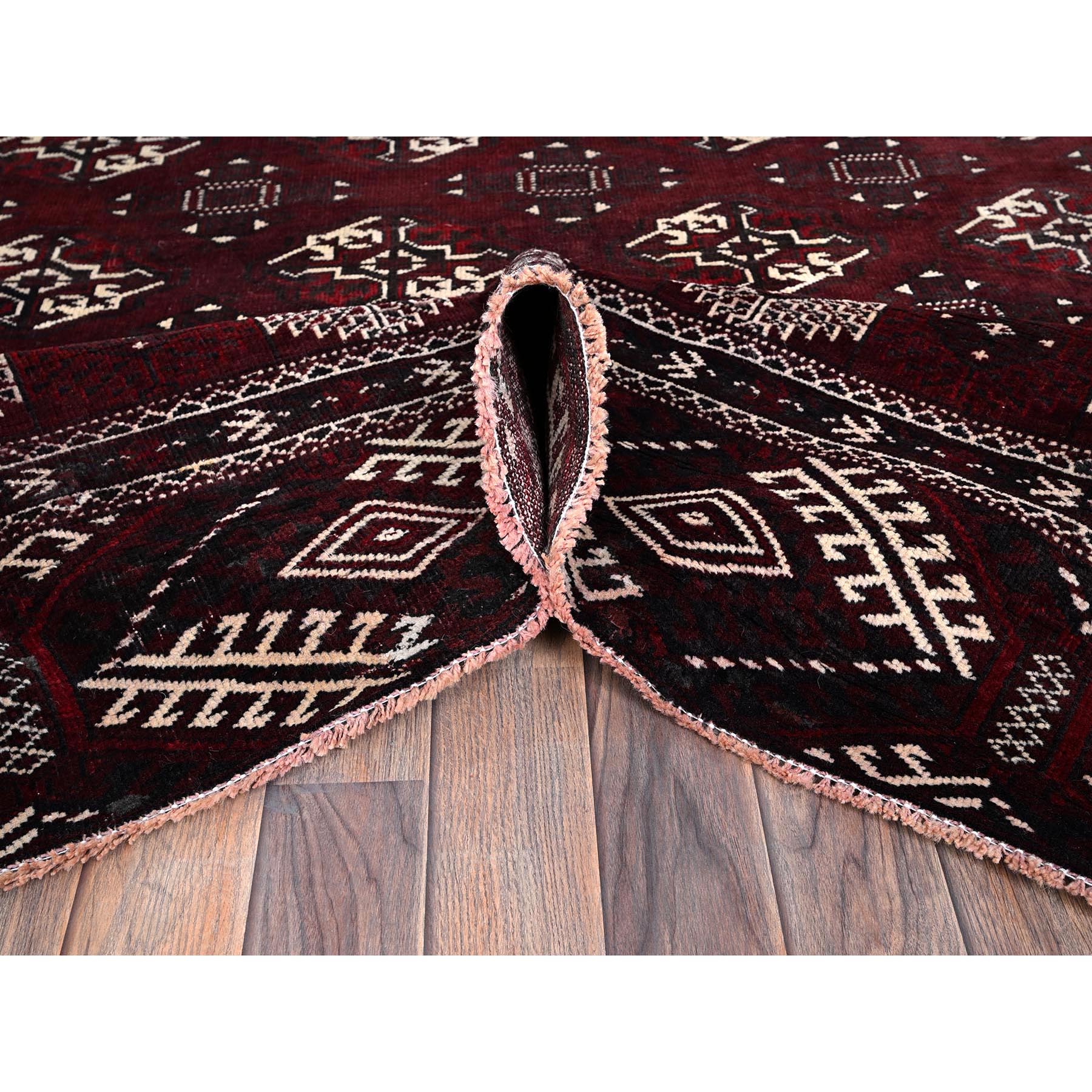 7'x13' Wine Red, Vintage Turkoman Afghan Bokara with Geometric Medallion, Shaved Low, Zero Pile, Sides and Ends Professionally Secured, Hand Knotted, 100% Wool, Gallery Size, Wide Runner, Oriental Rug Sh1023