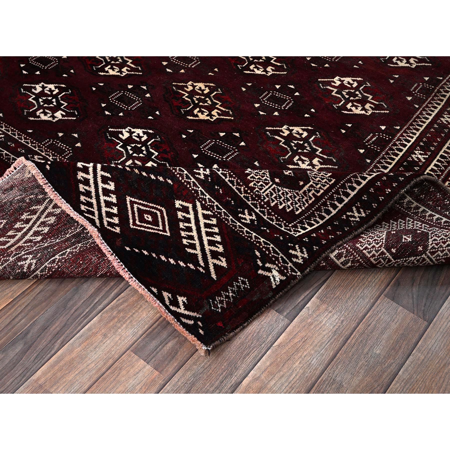 7'x13' Wine Red, Vintage Turkoman Afghan Bokara with Geometric Medallion, Shaved Low, Zero Pile, Sides and Ends Professionally Secured, Hand Knotted, 100% Wool, Gallery Size, Wide Runner, Oriental Rug Sh1023