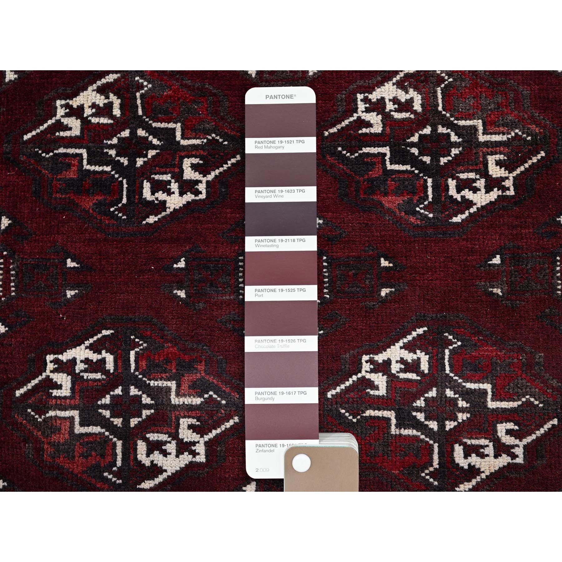 7'x13' Wine Red, Vintage Turkoman Afghan Bokara with Geometric Medallion, Shaved Low, Zero Pile, Sides and Ends Professionally Secured, Hand Knotted, 100% Wool, Gallery Size, Wide Runner, Oriental Rug Sh1023