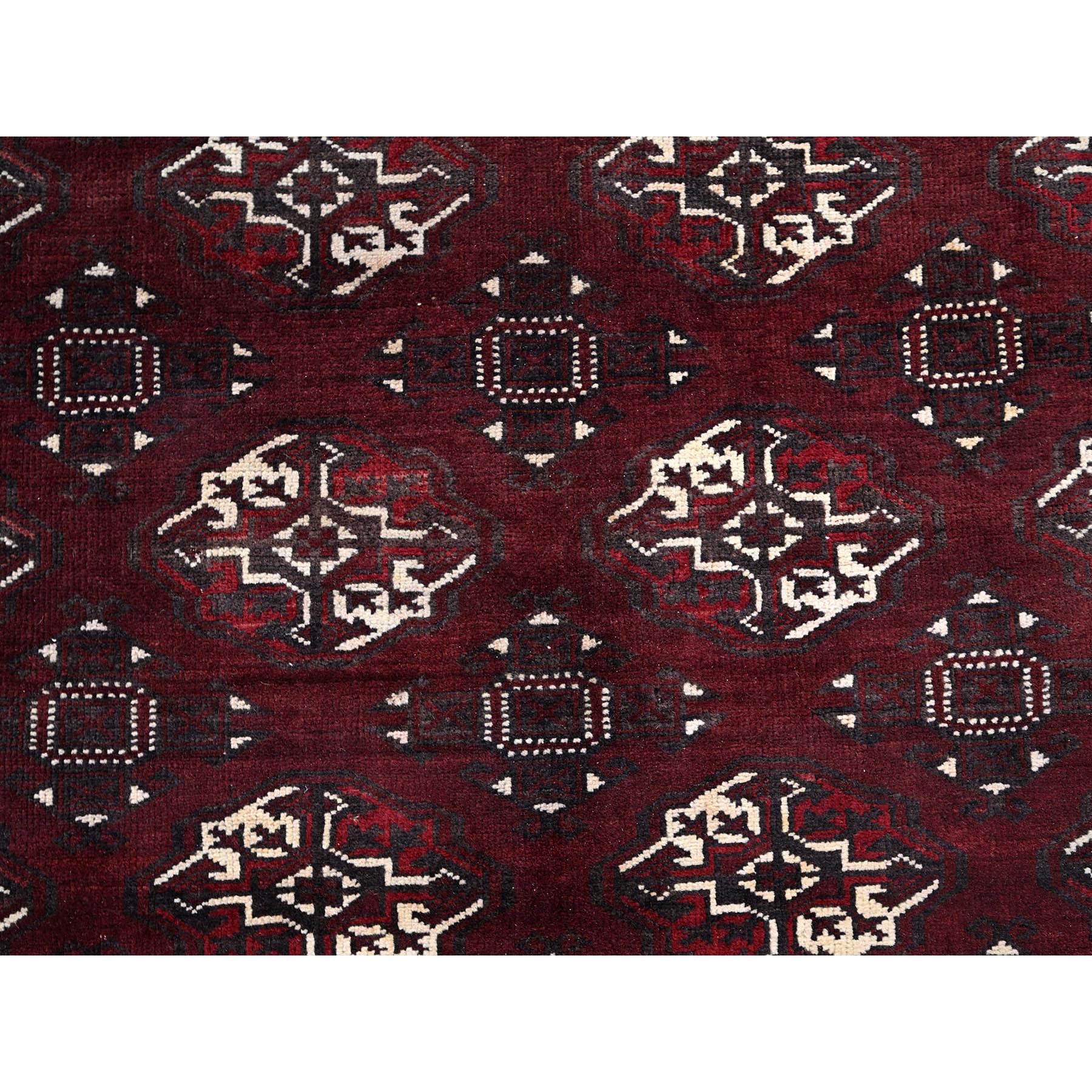 7'x13' Wine Red, Vintage Turkoman Afghan Bokara with Geometric Medallion, Shaved Low, Zero Pile, Sides and Ends Professionally Secured, Hand Knotted, 100% Wool, Gallery Size, Wide Runner, Oriental Rug Sh1023