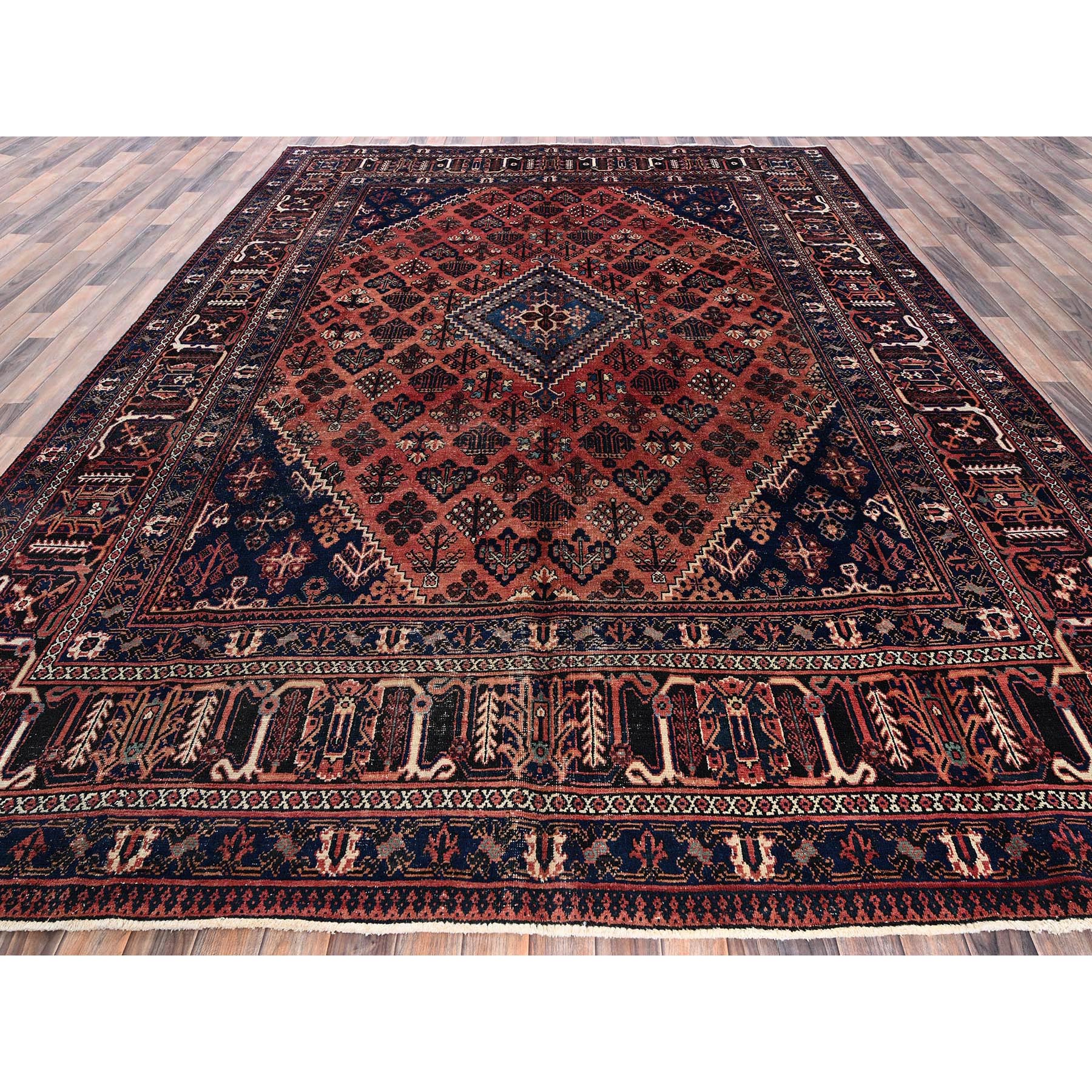 9'x12'5" Copper Red, Vintage Persian Joshagan with Geometric Medallion, Shaved Down, Zero Pile, Even Wear, Good Condition, Sides and Ends Professionally Secured, Hand Knotted, 100% Wool, Oriental Rug Sh1025