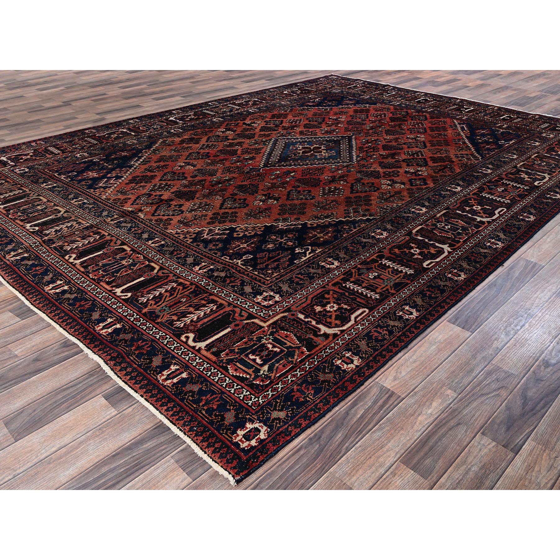 9'x12'5" Copper Red, Vintage Persian Joshagan with Geometric Medallion, Shaved Down, Zero Pile, Even Wear, Good Condition, Sides and Ends Professionally Secured, Hand Knotted, 100% Wool, Oriental Rug Sh1025