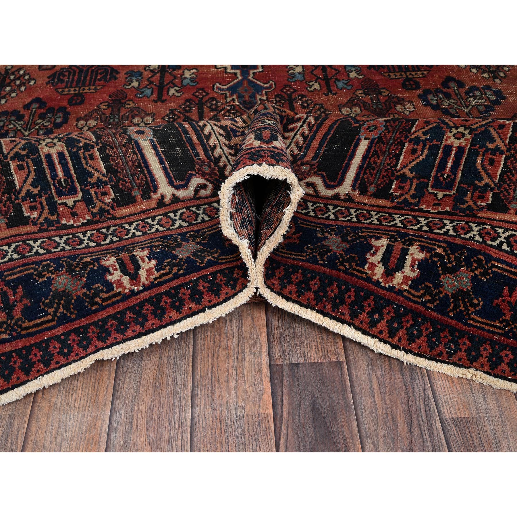 9'x12'5" Copper Red, Vintage Persian Joshagan with Geometric Medallion, Shaved Down, Zero Pile, Even Wear, Good Condition, Sides and Ends Professionally Secured, Hand Knotted, 100% Wool, Oriental Rug Sh1025