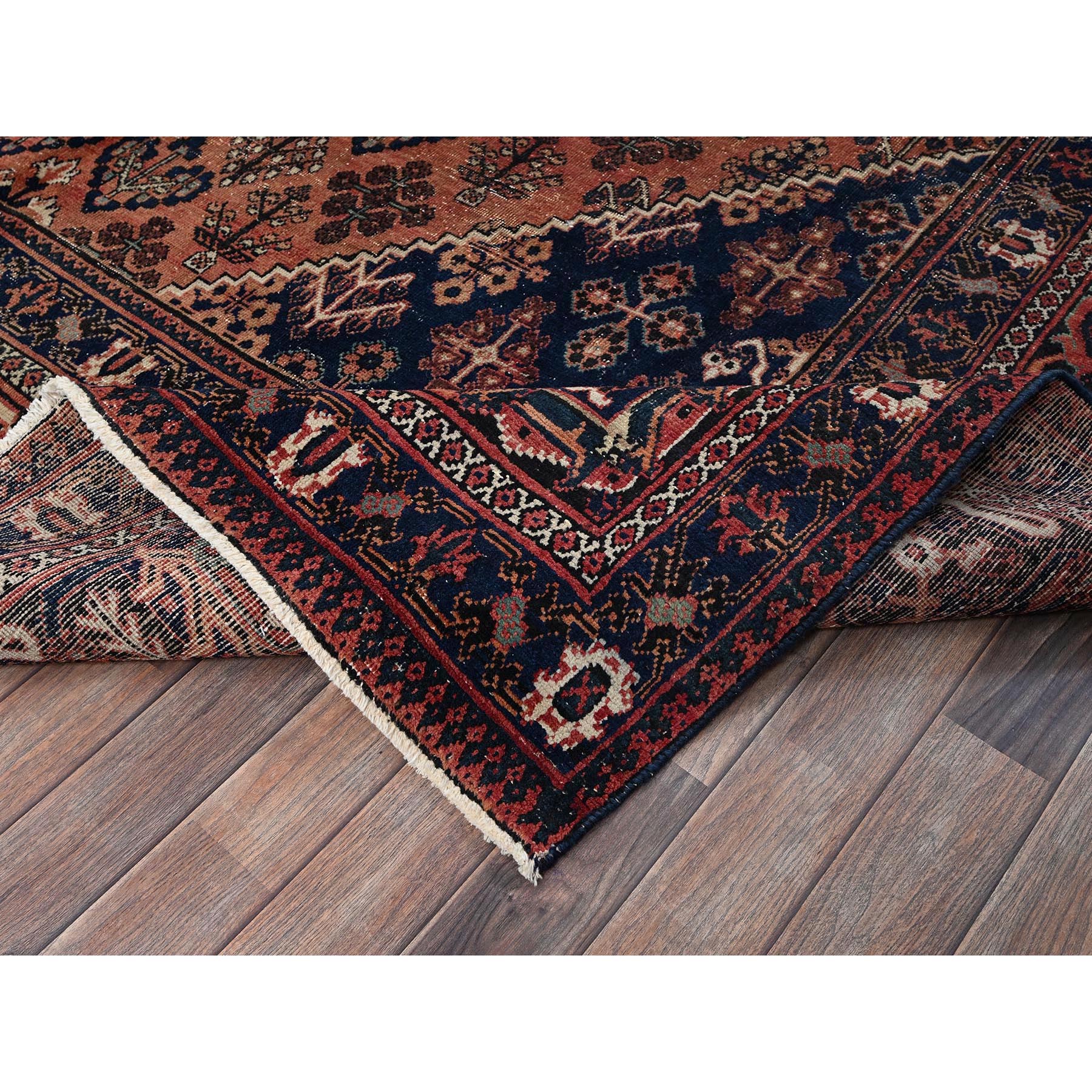 9'x12'5" Copper Red, Vintage Persian Joshagan with Geometric Medallion, Shaved Down, Zero Pile, Even Wear, Good Condition, Sides and Ends Professionally Secured, Hand Knotted, 100% Wool, Oriental Rug Sh1025