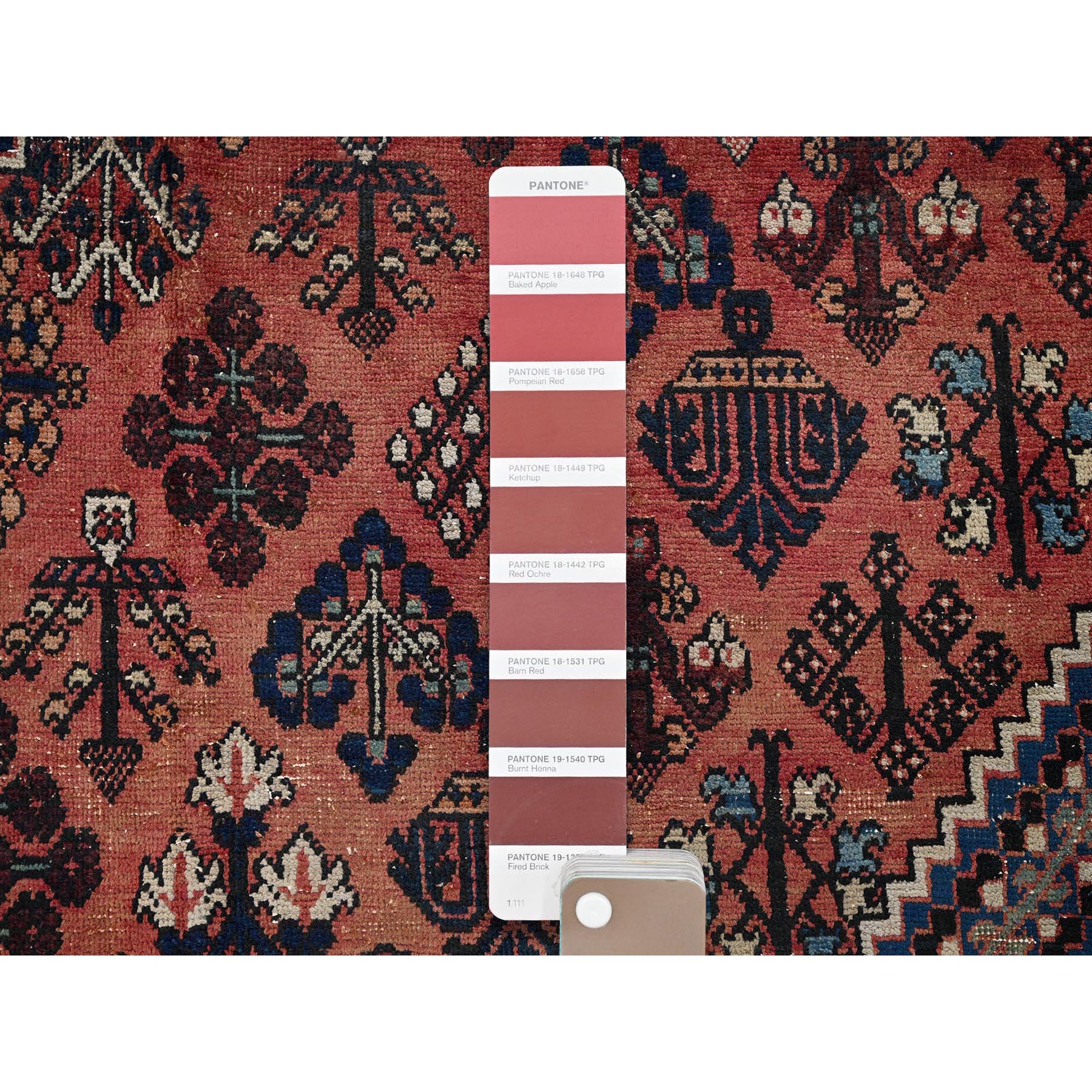 9'x12'5" Copper Red, Vintage Persian Joshagan with Geometric Medallion, Shaved Down, Zero Pile, Even Wear, Good Condition, Sides and Ends Professionally Secured, Hand Knotted, 100% Wool, Oriental Rug Sh1025