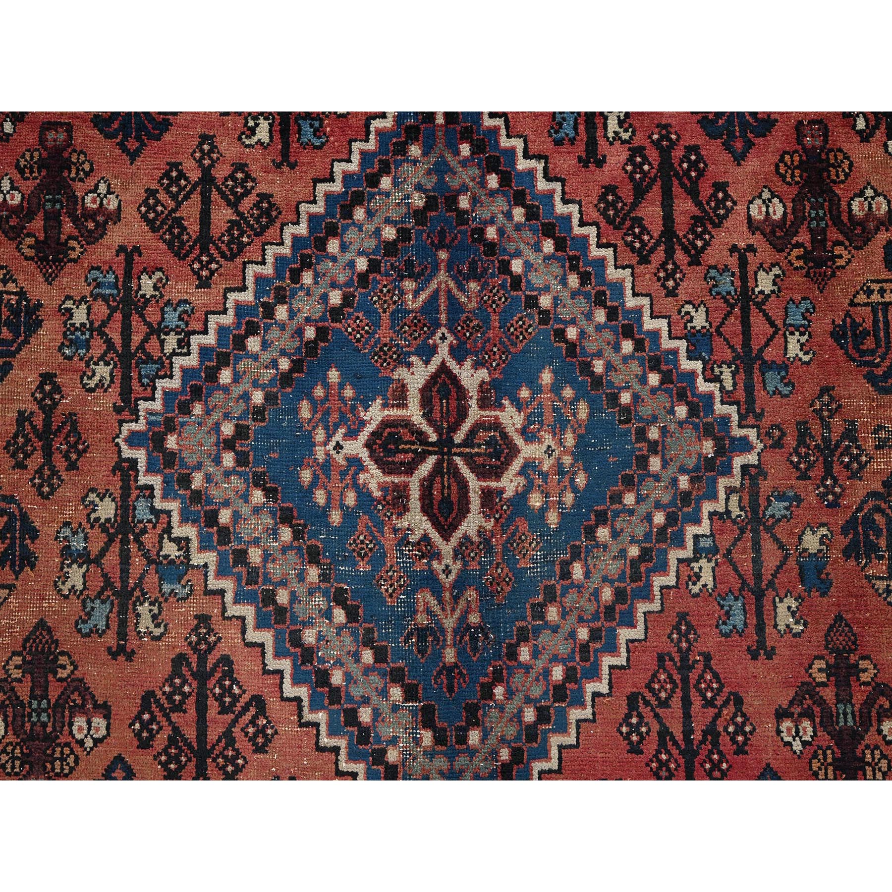 9'x12'5" Copper Red, Vintage Persian Joshagan with Geometric Medallion, Shaved Down, Zero Pile, Even Wear, Good Condition, Sides and Ends Professionally Secured, Hand Knotted, 100% Wool, Oriental Rug Sh1025