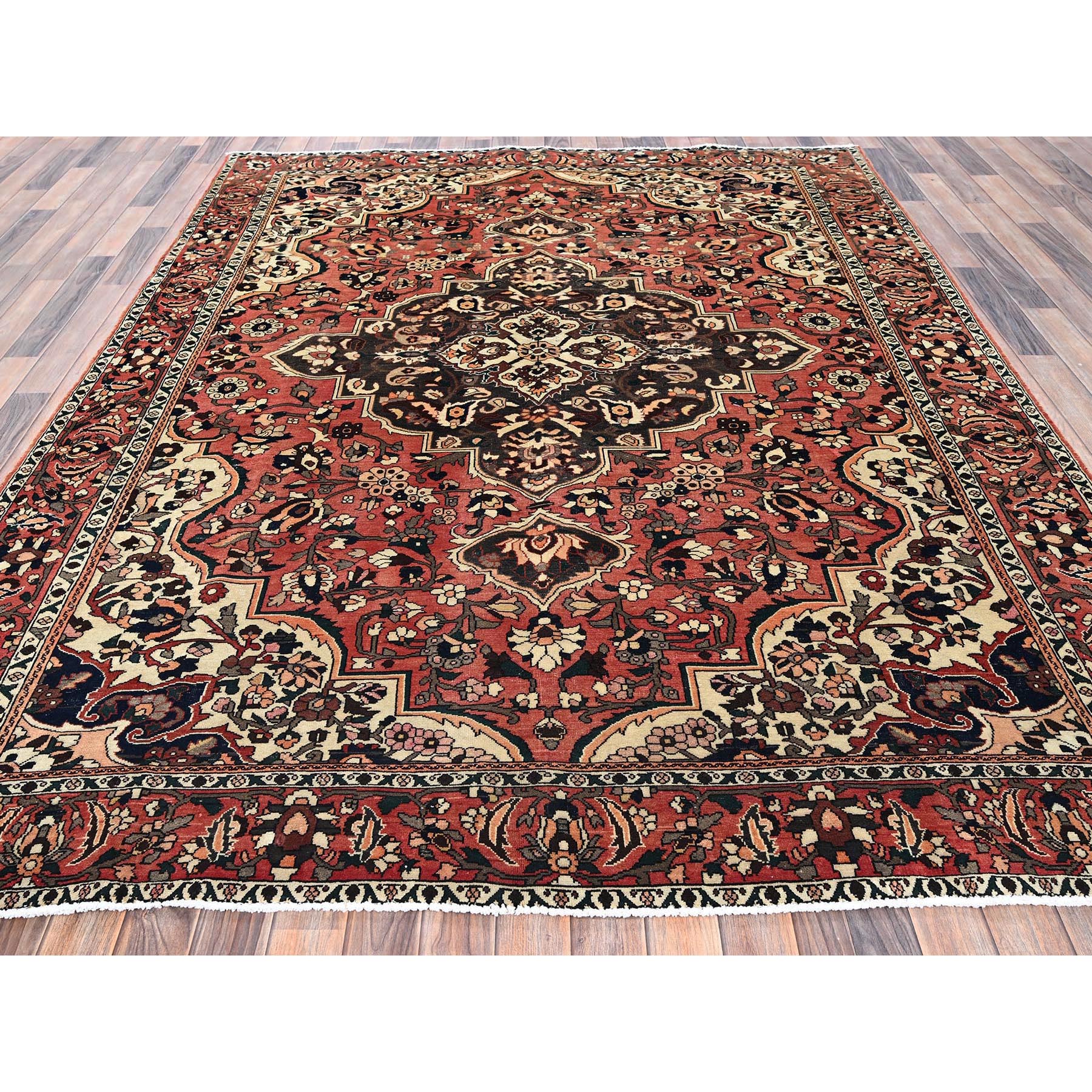 7'3"x9'7" Burnt Orange, Vintage Persian Bakhtiar with Large Medallion Design, Cropped Thin, Zero Pile, Evenly Worn, Sides and Ends Professionally Secured, Good Condition, Hand Knotted, 100% Wool, Oriental Rug Sh1026