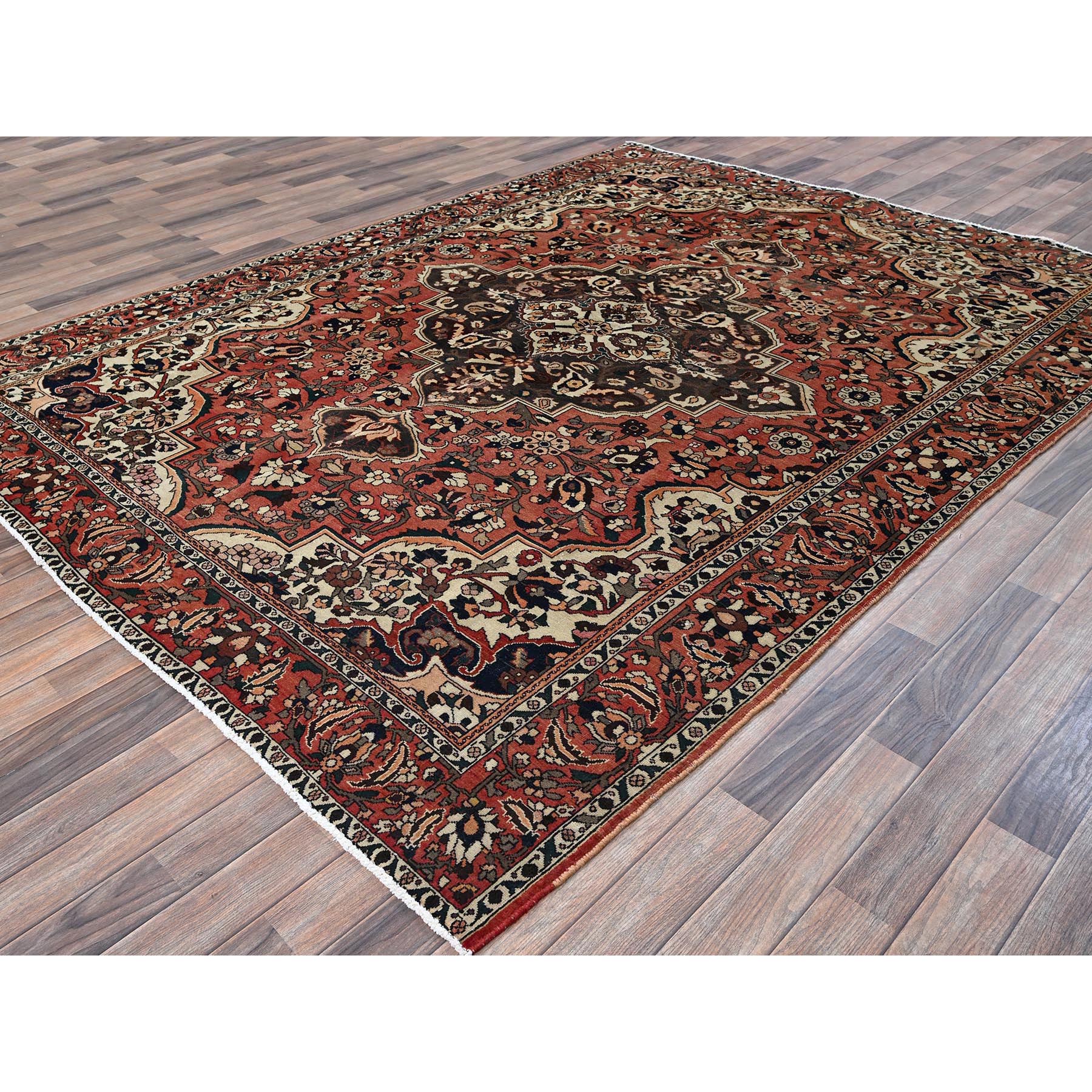 7'3"x9'7" Burnt Orange, Vintage Persian Bakhtiar with Large Medallion Design, Cropped Thin, Zero Pile, Evenly Worn, Sides and Ends Professionally Secured, Good Condition, Hand Knotted, 100% Wool, Oriental Rug Sh1026